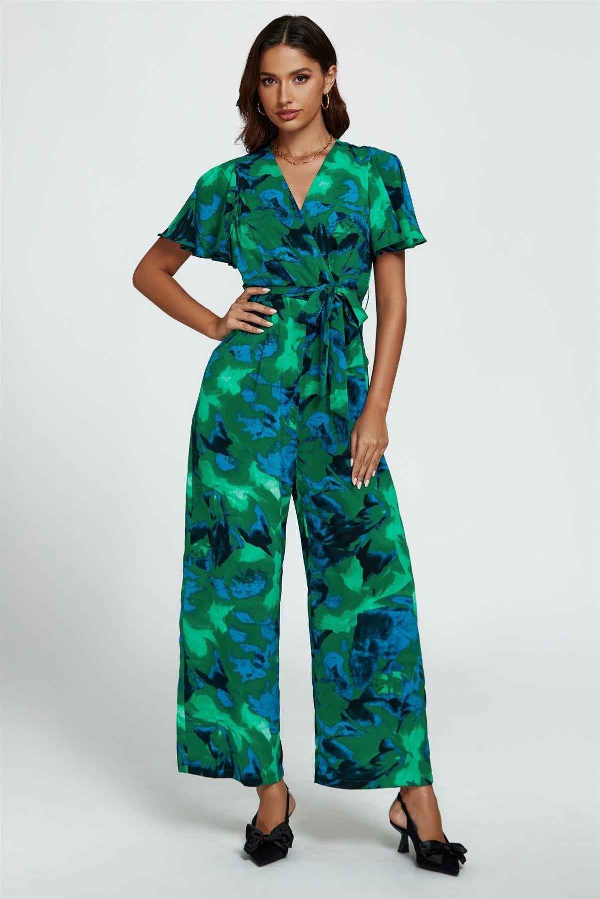 Abstract Print Wrap Top Jumpsuit In Green