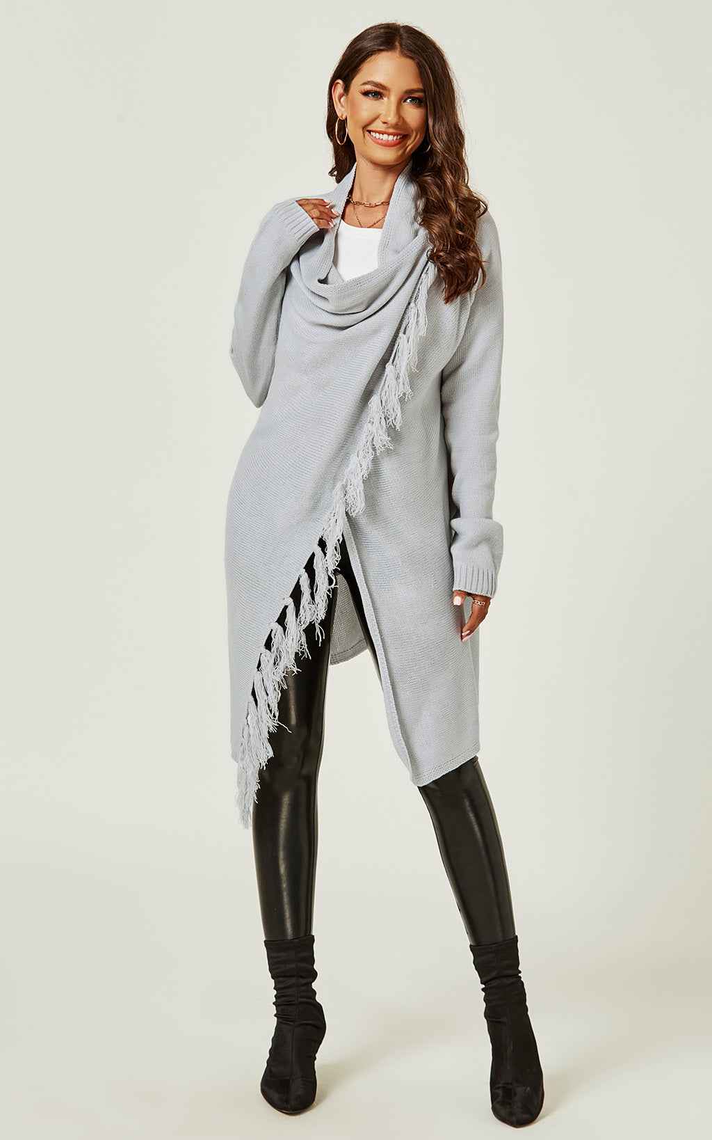 Fringes Detail Cardigan In Silver Grey