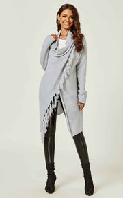 Fringes Detail Cardigan In Silver Grey