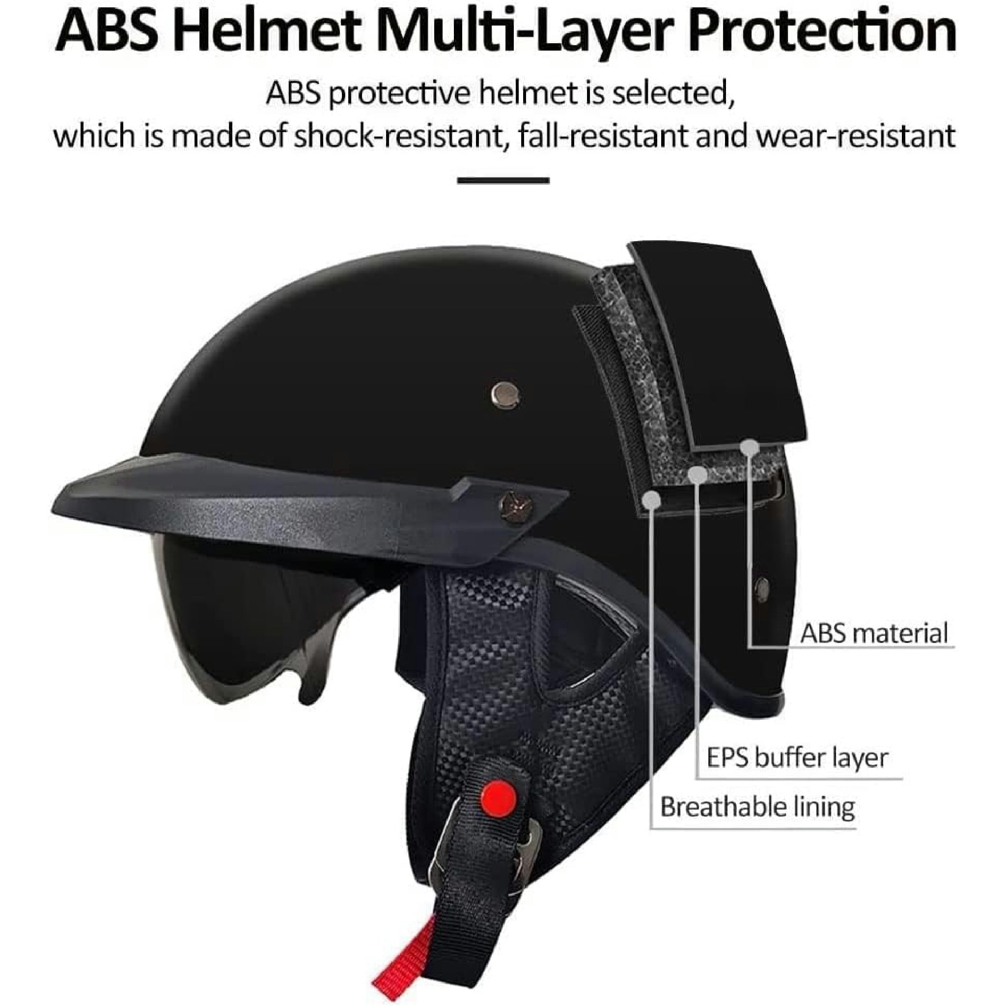 Retro Helm Moped Halbschalenhelm mit ECE-Zertifizierung Rollerhelm Cruiser Chopper Skateboardhelm Antikollisionshelm Motorradhalbhelm mit Visier für Damen und Herren Erwachsene (Schwarz Glänzend,M) Hauptansicht