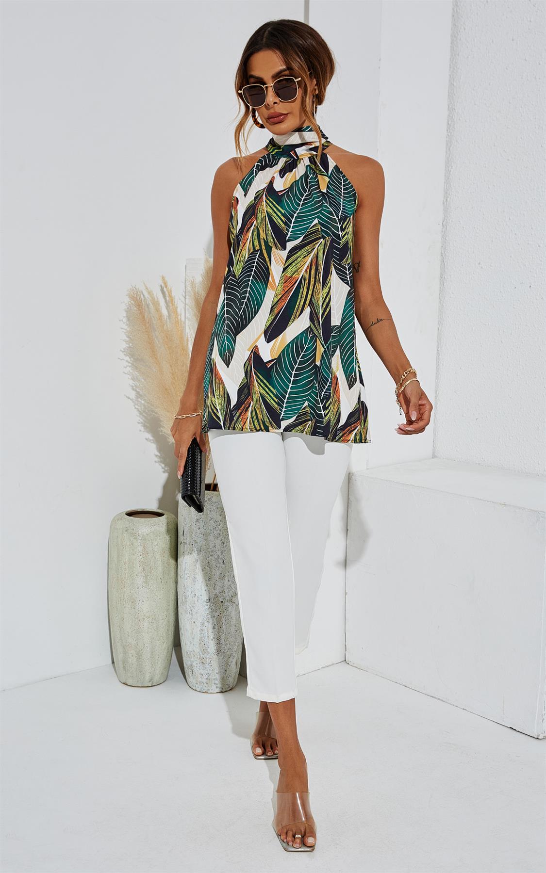 Grünes Leaf Print Träger-Top von Zeus mit seitlichem Bindeband