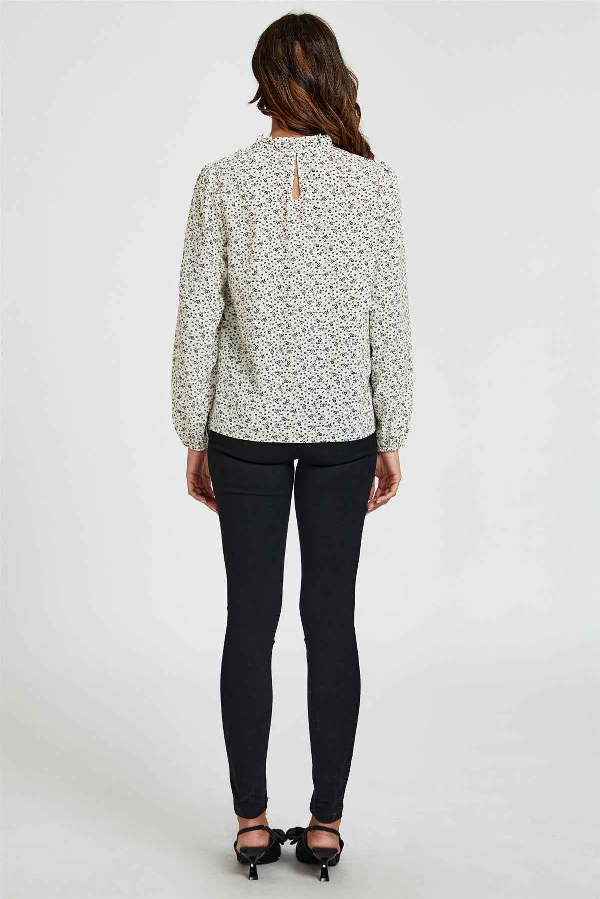 Little Floral Print Frill Detail High Neck Top In White