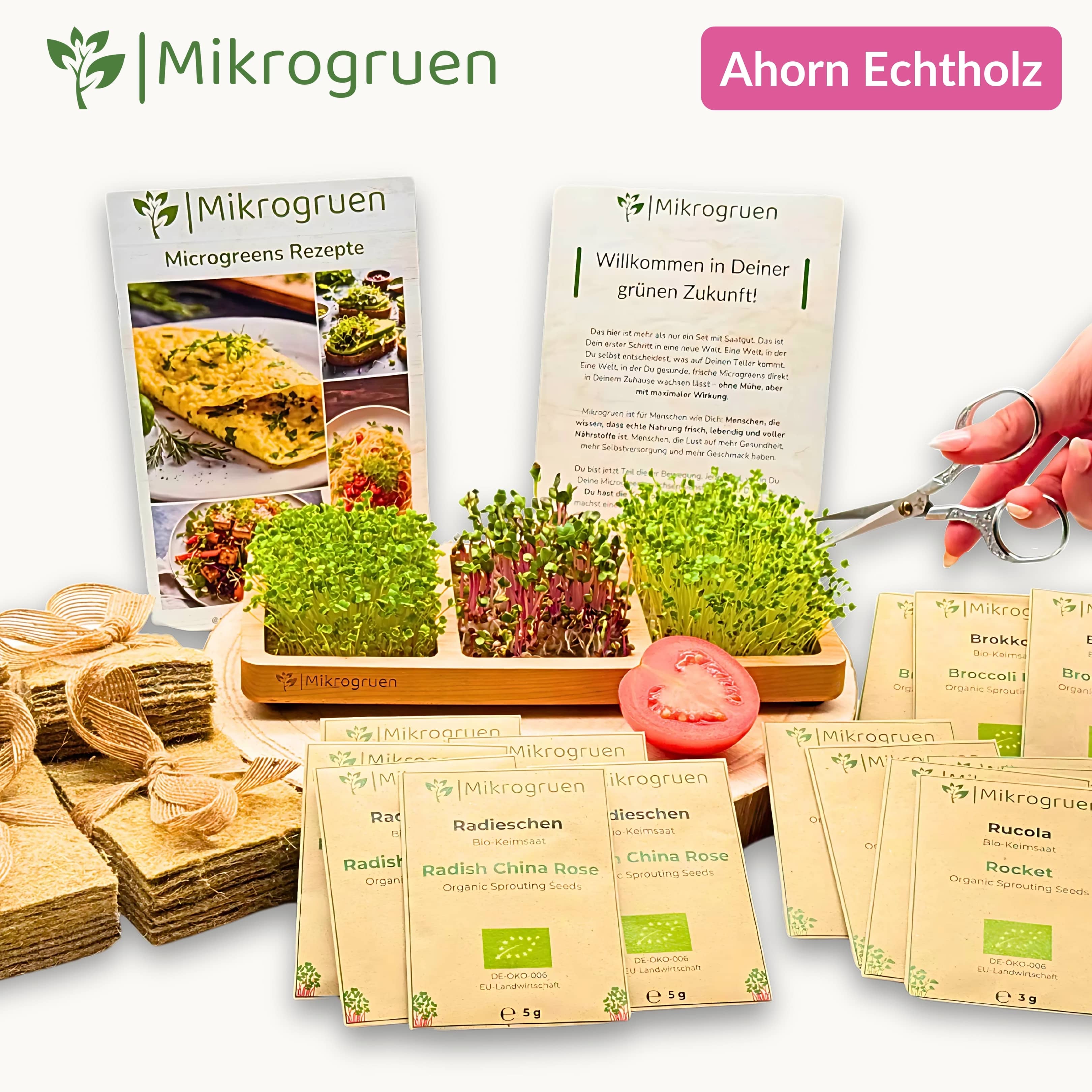 Echtholz Anzuchtset für Microgreens, nachhaltige Anzuchtbox in Naturfarbe