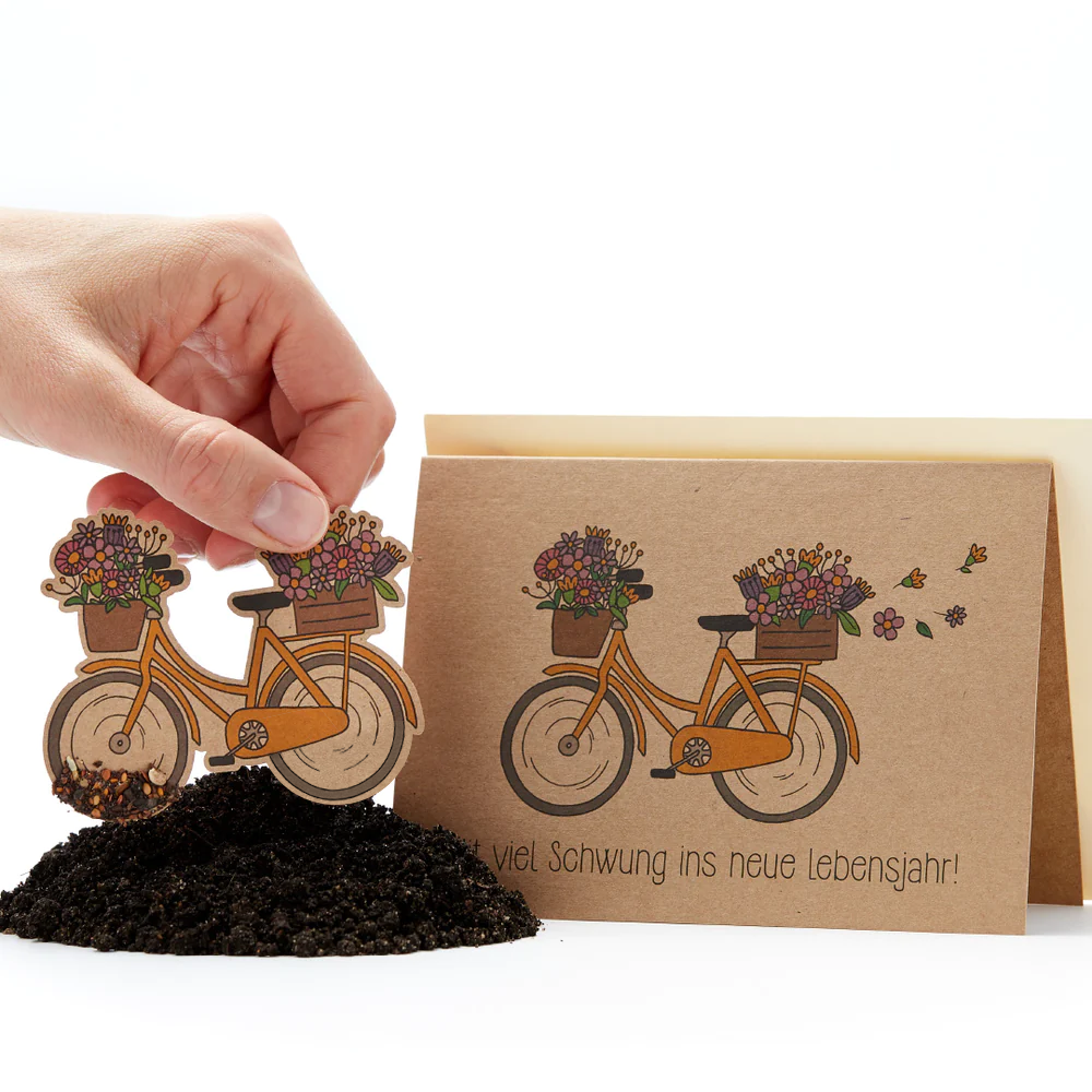 Geburtstagskarte Fahrrad mit Saatstecker 10,5×14,8 cm Natronkraftkarton