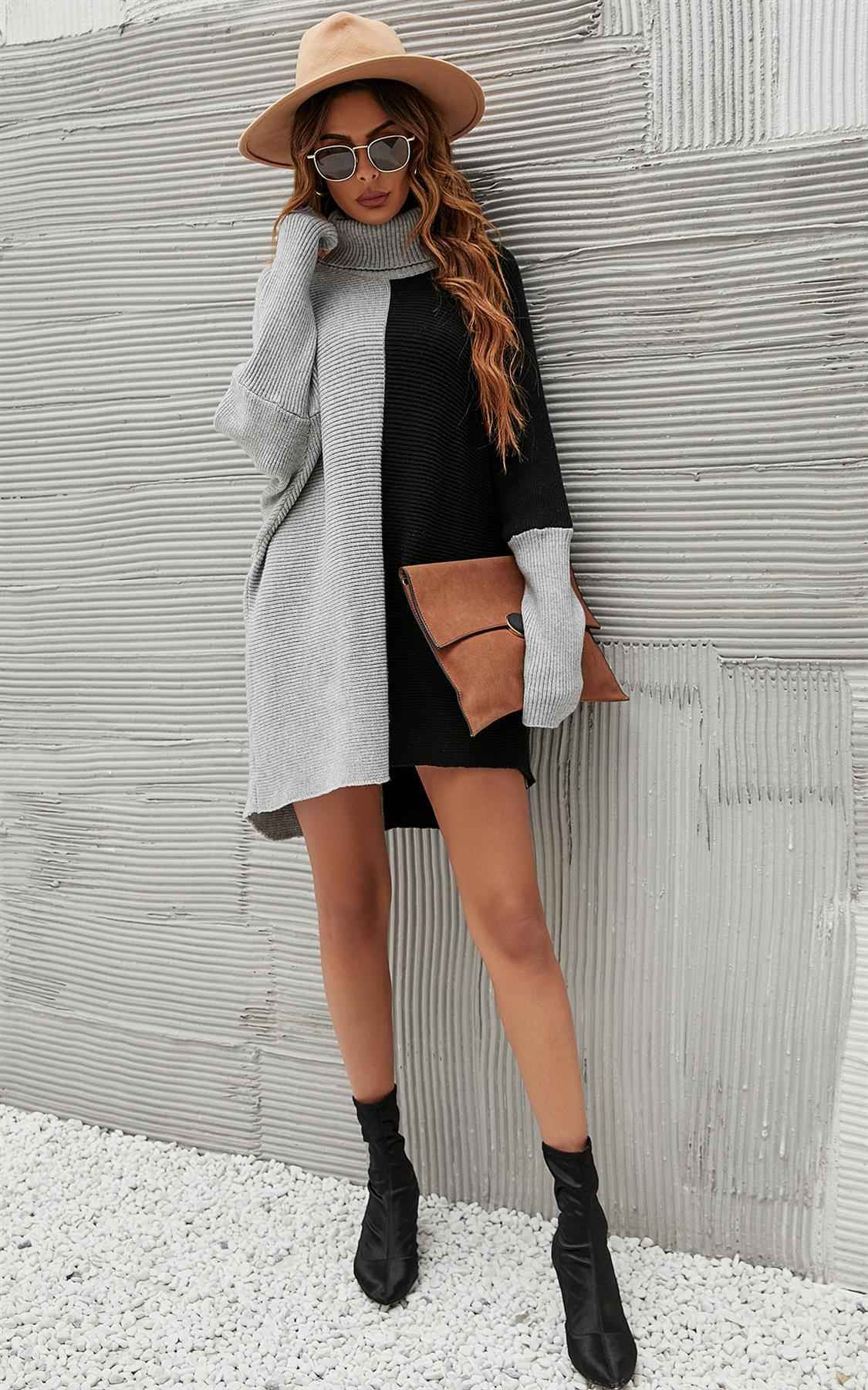 High Neck Half Grey & Black Block Colour Jumper Top