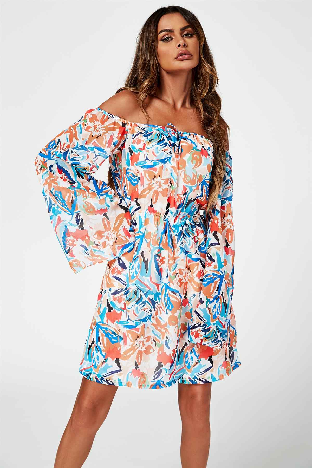 Flute Sleeve Bardot Dress With Tie Detail In Orange