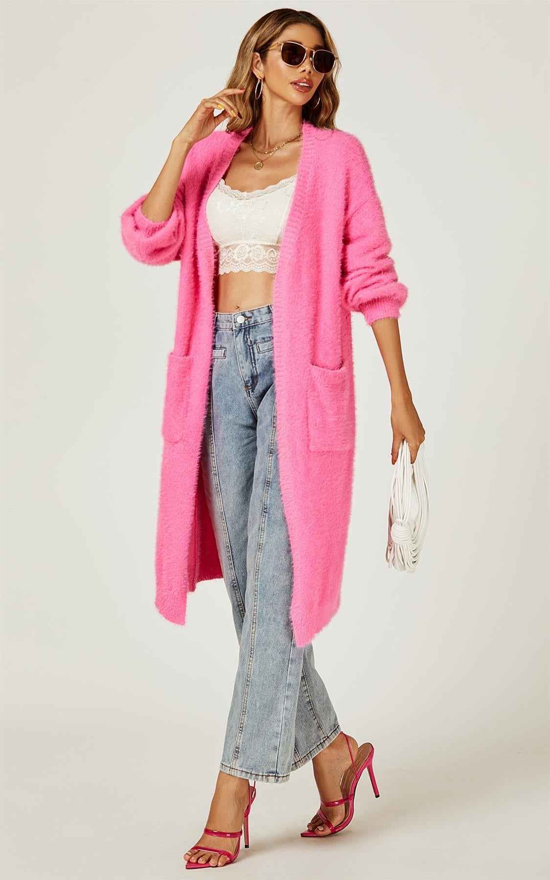 Relaxed Cozy Soft Cardigan In Fuchsia Pink