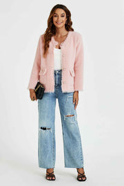 Cotton Blend Frayed Edge Boucle Jacket in Pink