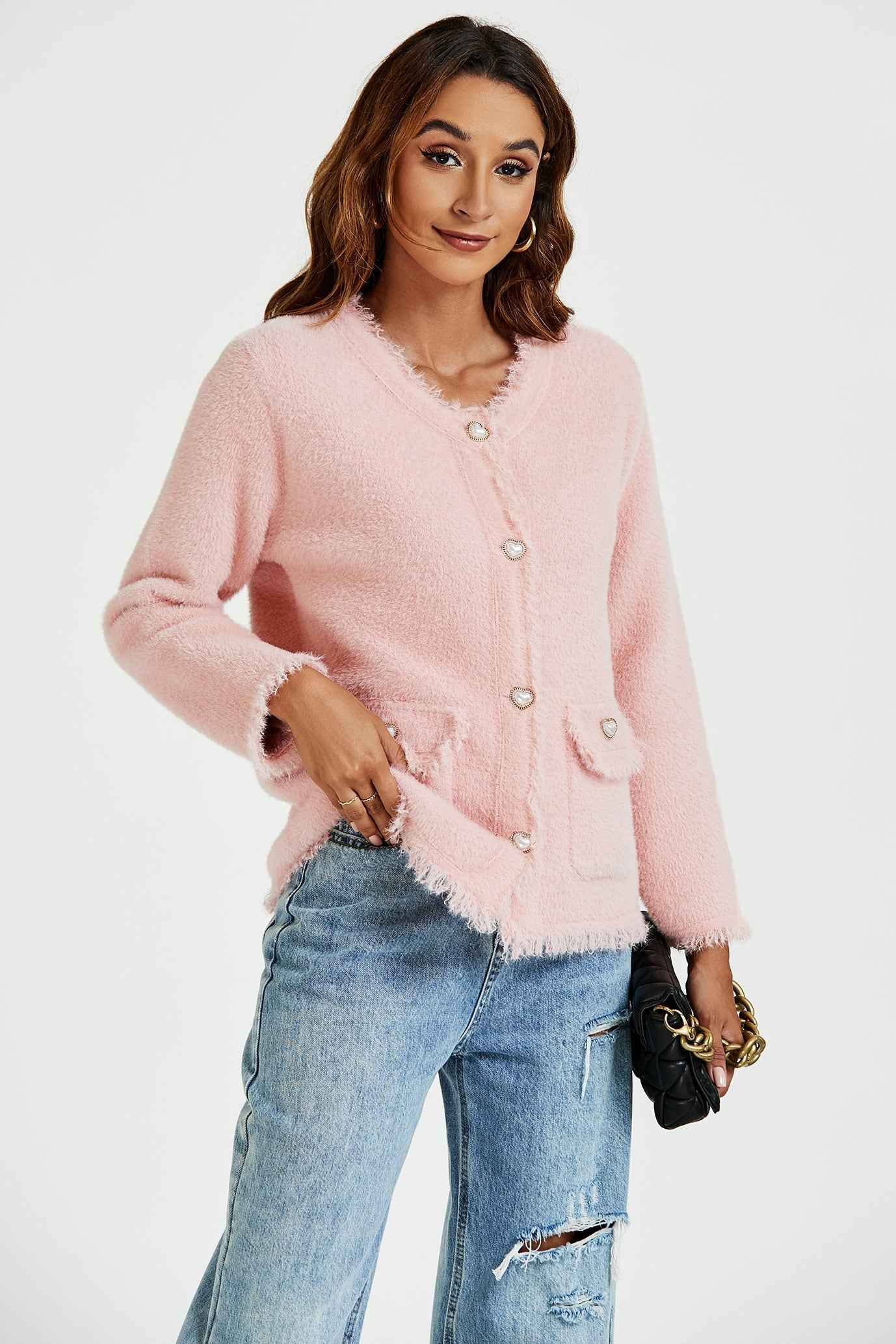 Cotton Blend Frayed Edge Boucle Jacket in Pink