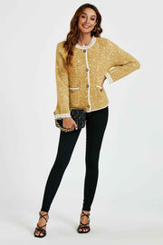 Leopard Pattern Lace Trim Boucle Jacket in Yellow