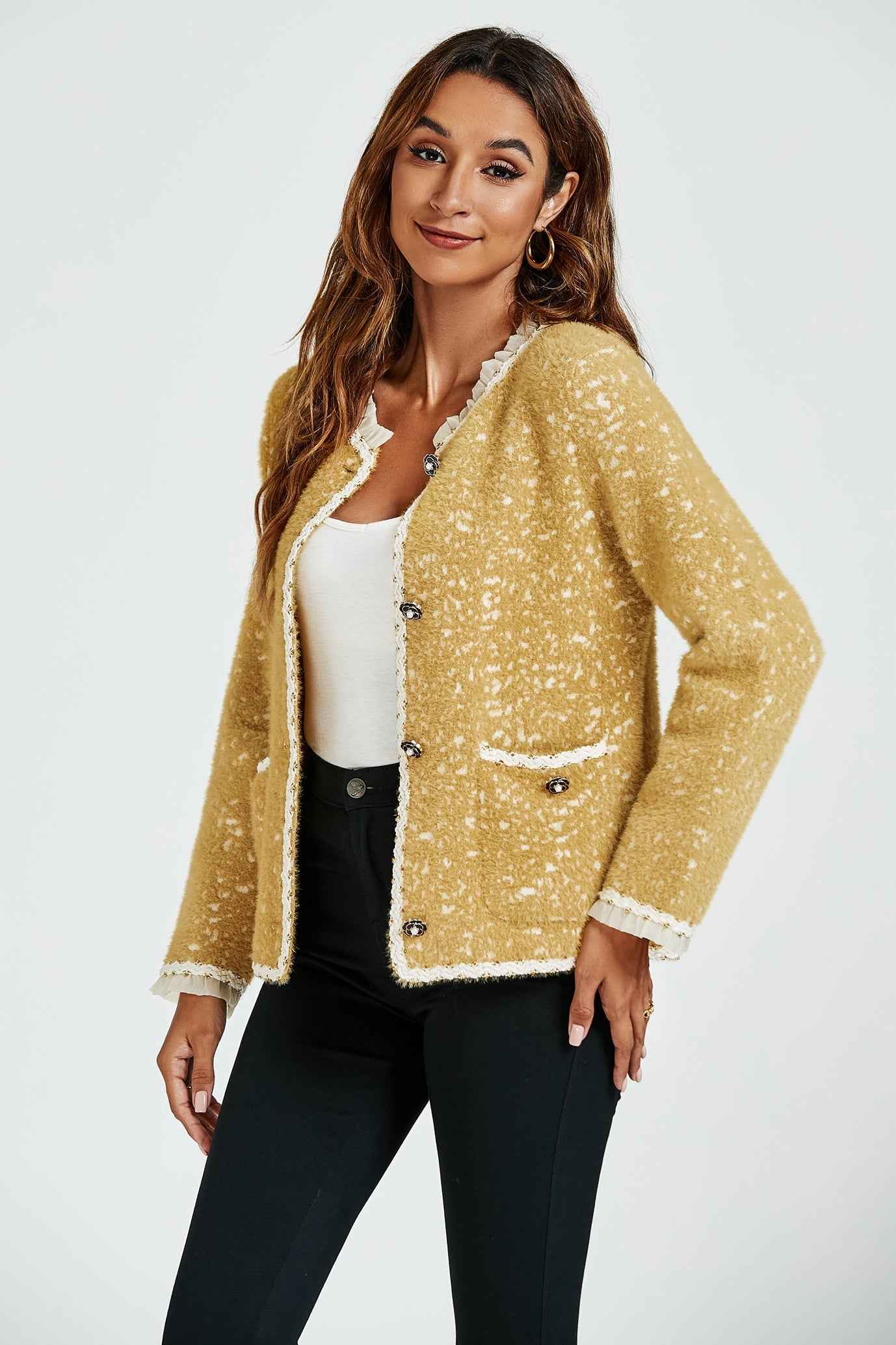 Leopard Pattern Lace Trim Boucle Jacket in Yellow