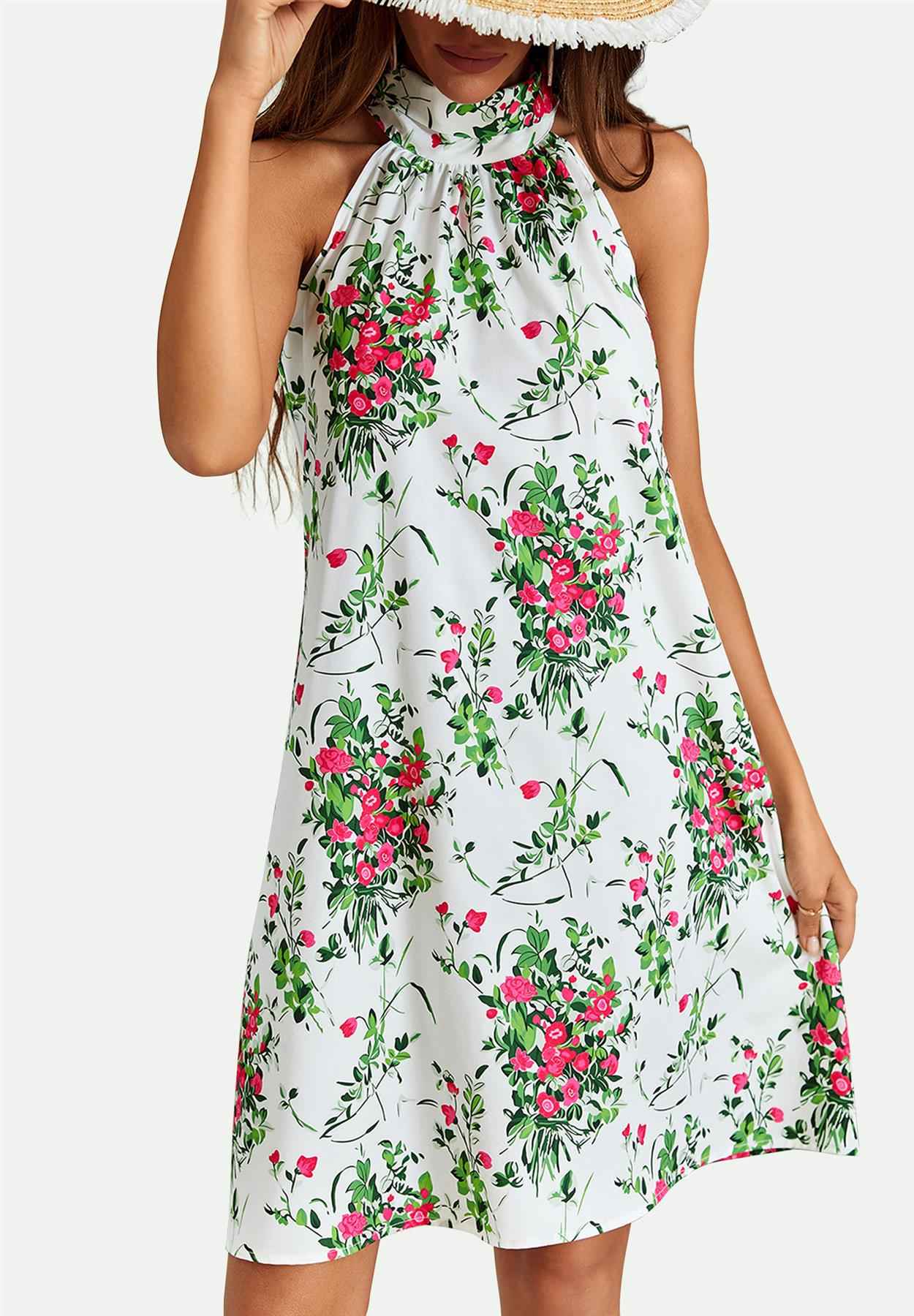 Pink Floral Print Halter Neck Tie Back Mini Dress In White