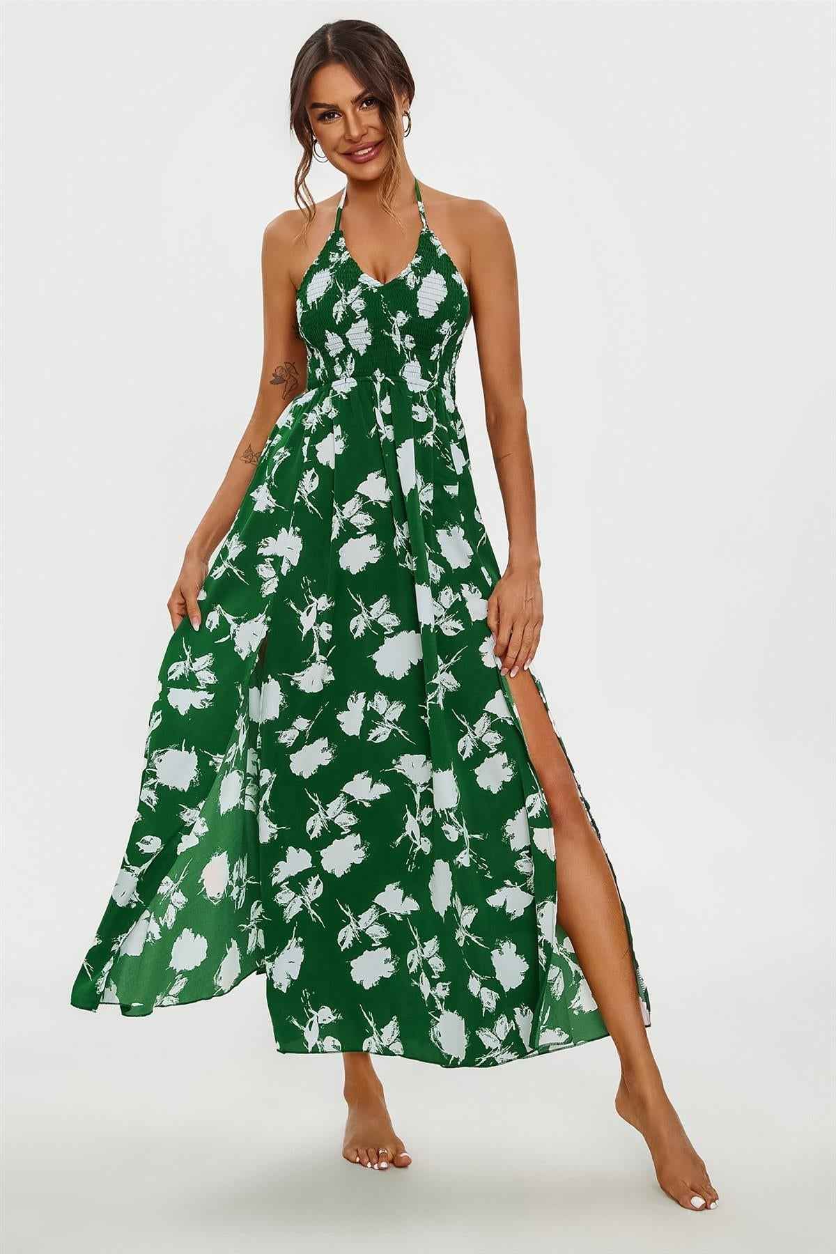 Floral Print Tie Halterneck Back Detail Maxi Dress In Green