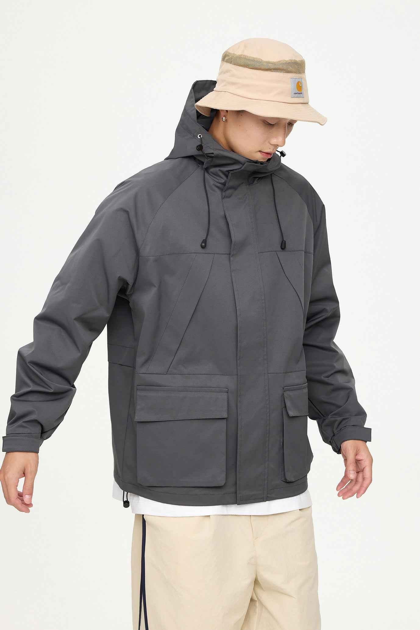 Patched Pockets Waterproof Jacket in Grey