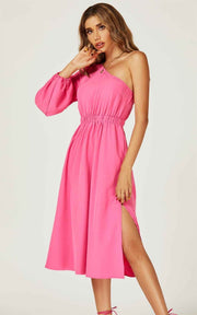 One Shoulder Split Leg Midi Dress In Fuchsia Print