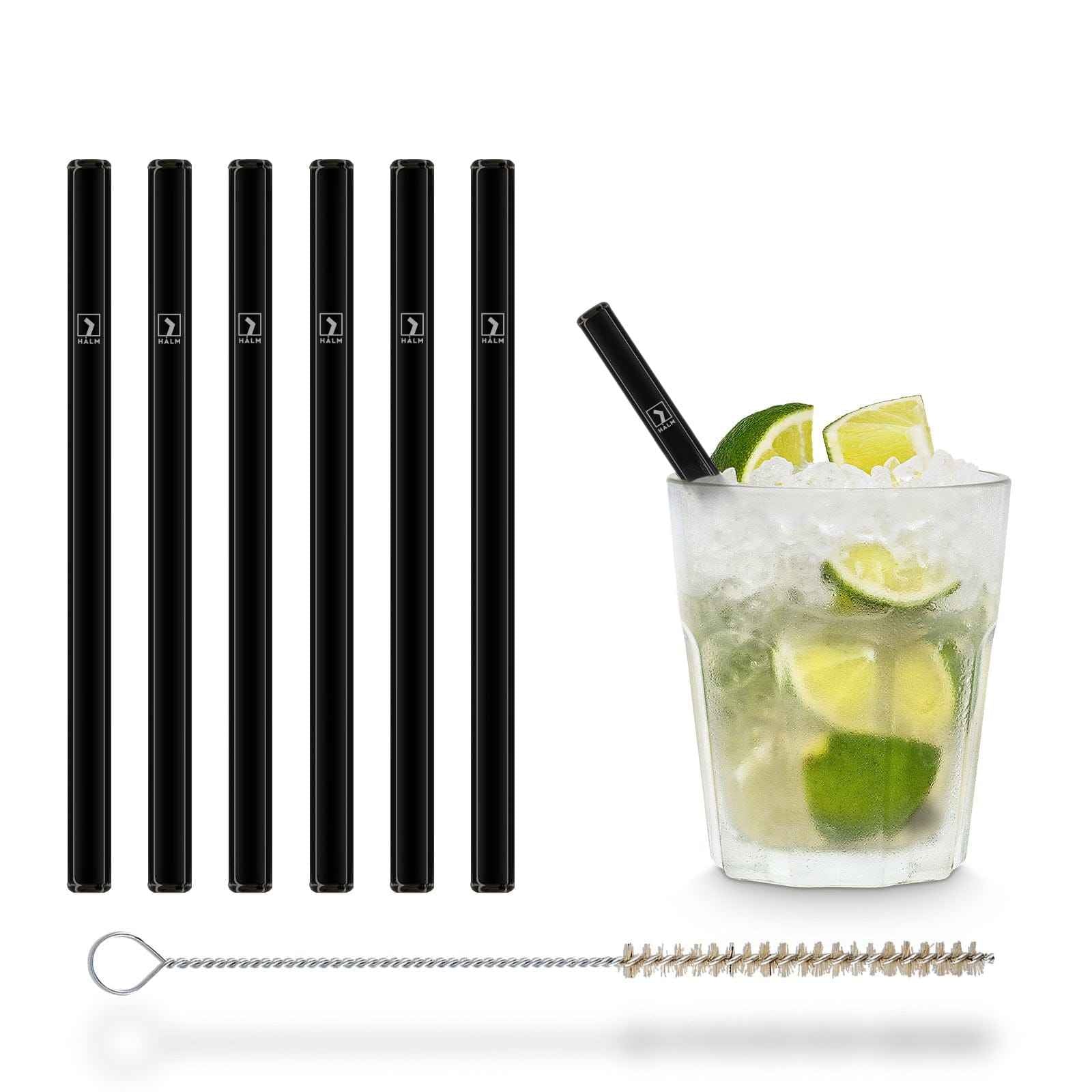 6x 15cm kurze schwarze Glasstrohhalme (gerade)