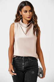 Satin High Neck Sleeveless Blouse In Light Brown