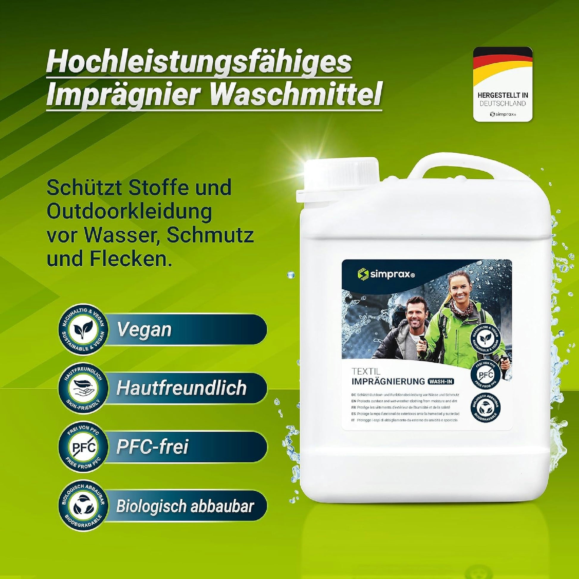 simprax® Textil Wash-In Imprägnierung - Klimaneutrales Imprägniermittel. Umweltfreundliche Einwaschimprägnierung für Funktions- & Outdoortextilien wie Gore-Tex, etc. Waschmaschine o. Handwäsche Hauptansicht