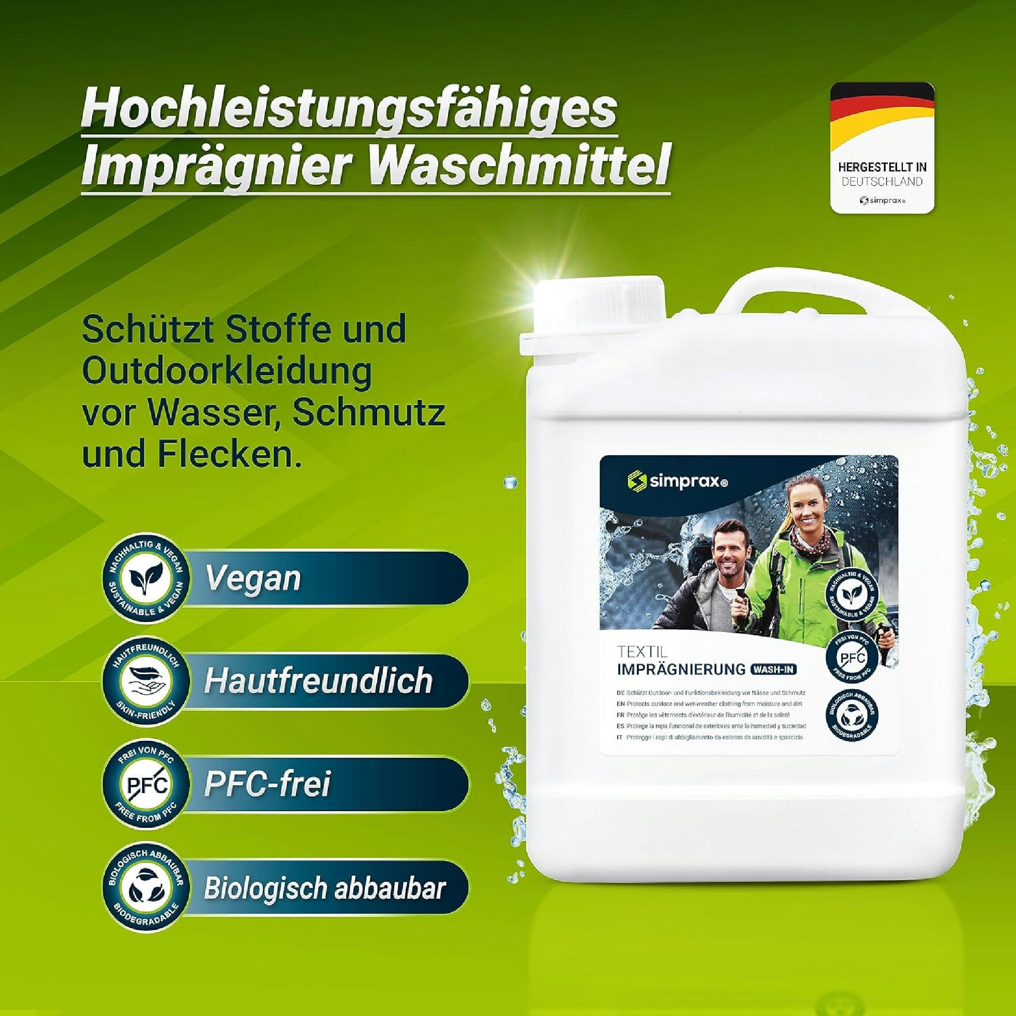 simprax® Textil Wash-In Imprägnierung - Klimaneutrales Imprägniermittel. Umweltfreundliche Einwaschimprägnierung für Funktions- & Outdoortextilien wie Gore-Tex, etc. Waschmaschine o. Handwäsche Hauptansicht