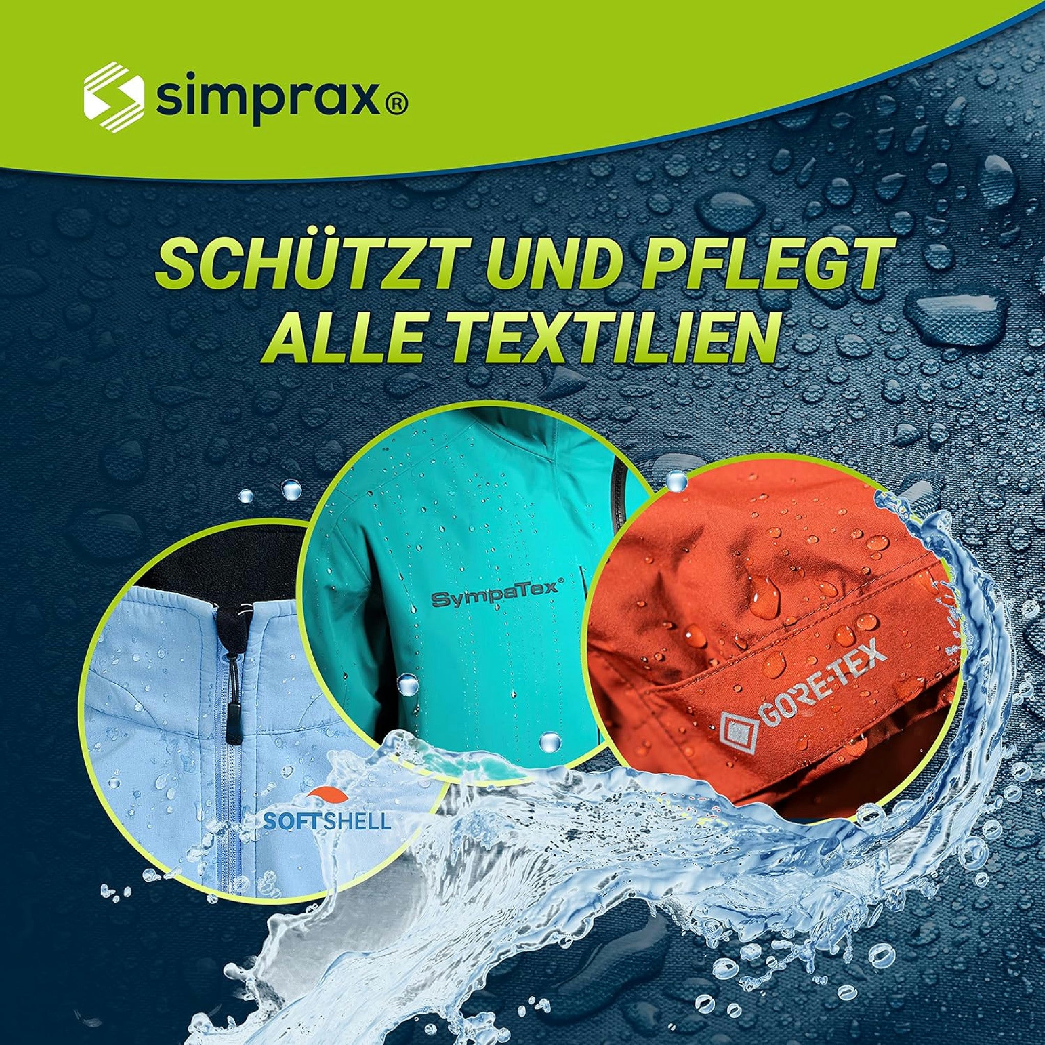 simprax® Textil Wash-In Imprägnierung - Klimaneutrales Imprägniermittel. Umweltfreundliche Einwaschimprägnierung für Funktions- & Outdoortextilien wie Gore-Tex, etc. Waschmaschine o. Handwäsche Hauptansicht