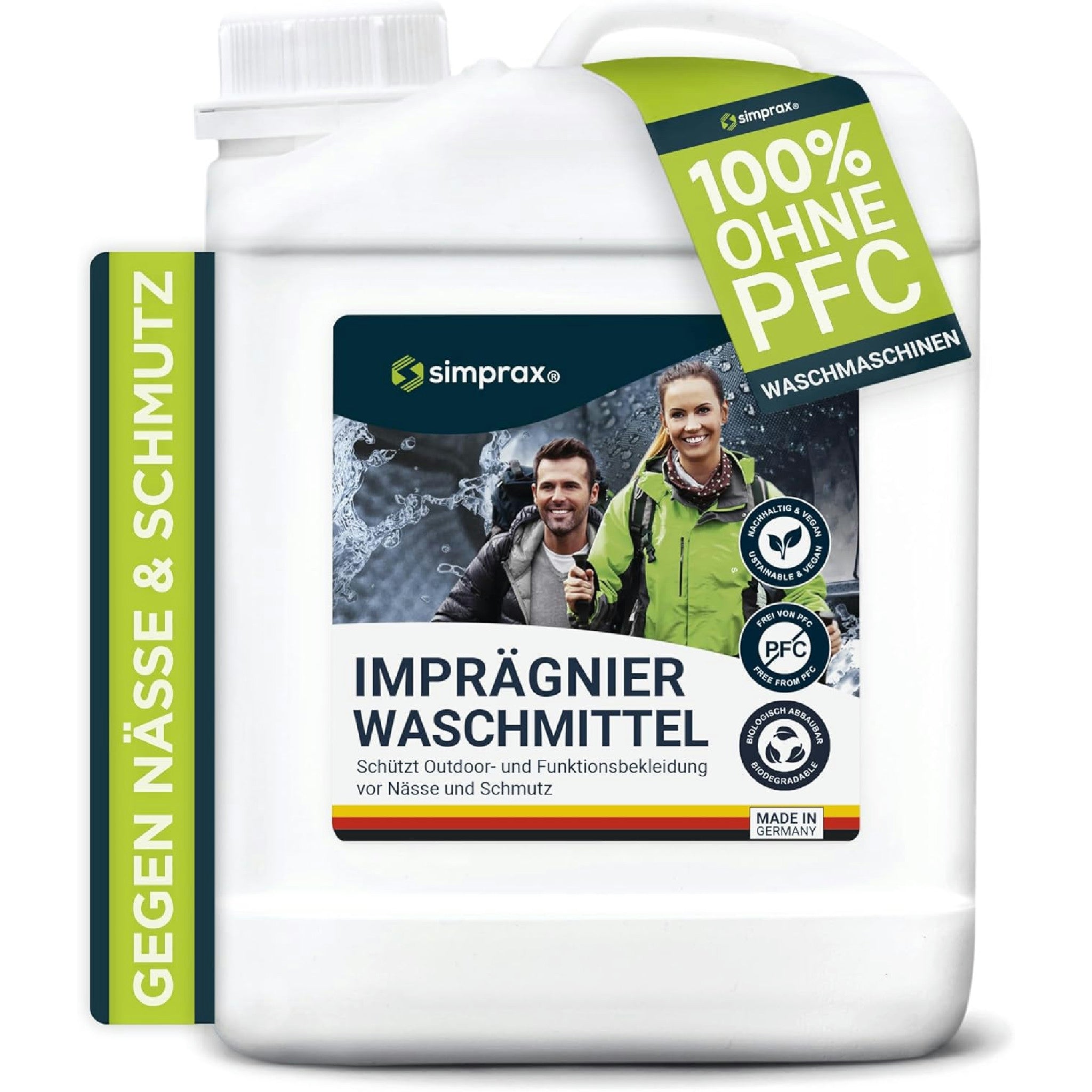simprax® Textil Wash-In Imprägnierung - Klimaneutrales Imprägniermittel. Umweltfreundliche Einwaschimprägnierung für Funktions- & Outdoortextilien wie Gore-Tex, etc. Waschmaschine o. Handwäsche Hauptansicht