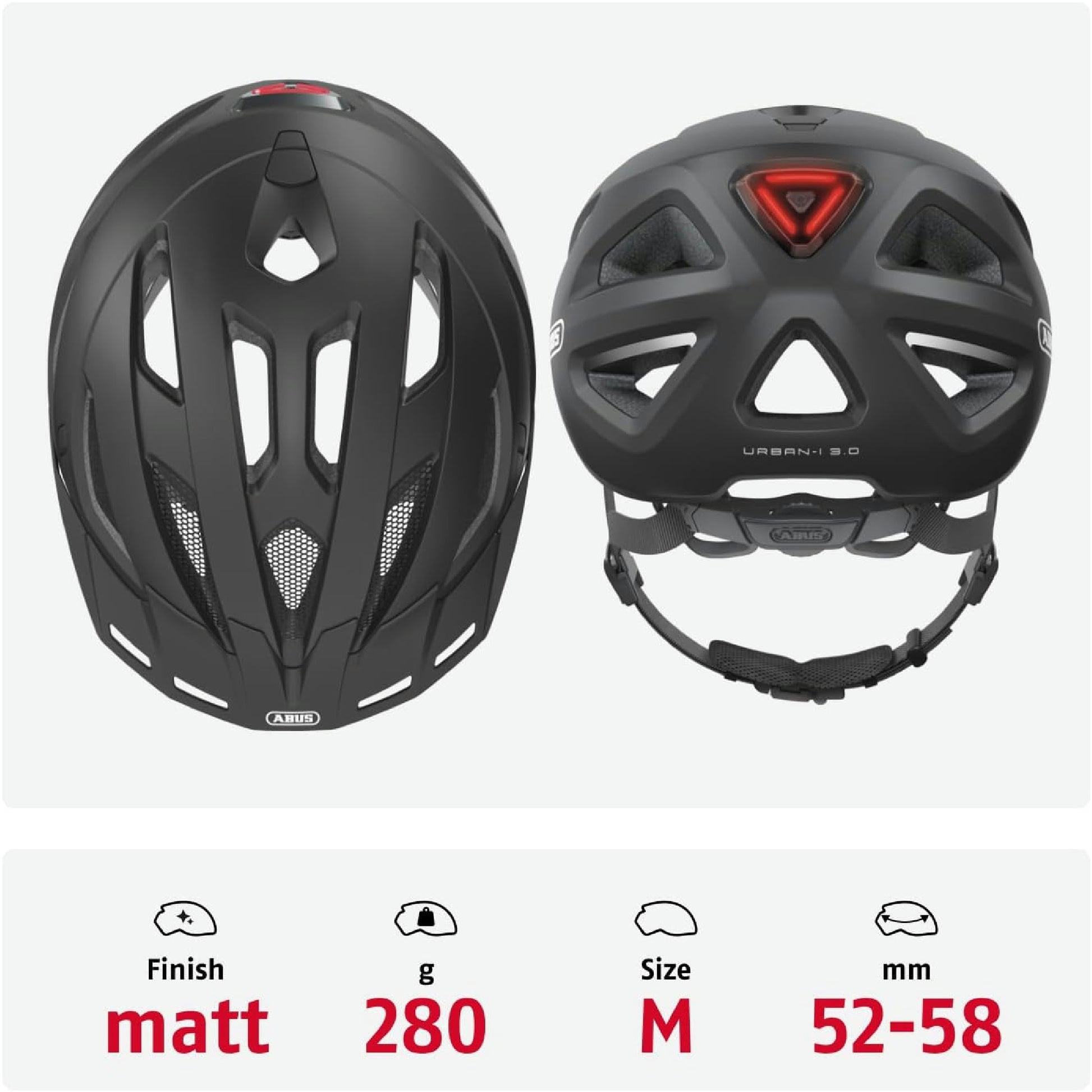 ABUS Stadthelm Urban-I 3.0 - Fahrradhelm mit Rücklicht, Schirm und Magnetverschluss - für Damen und Herren - Schwarz Matt, Größe M Hauptansicht