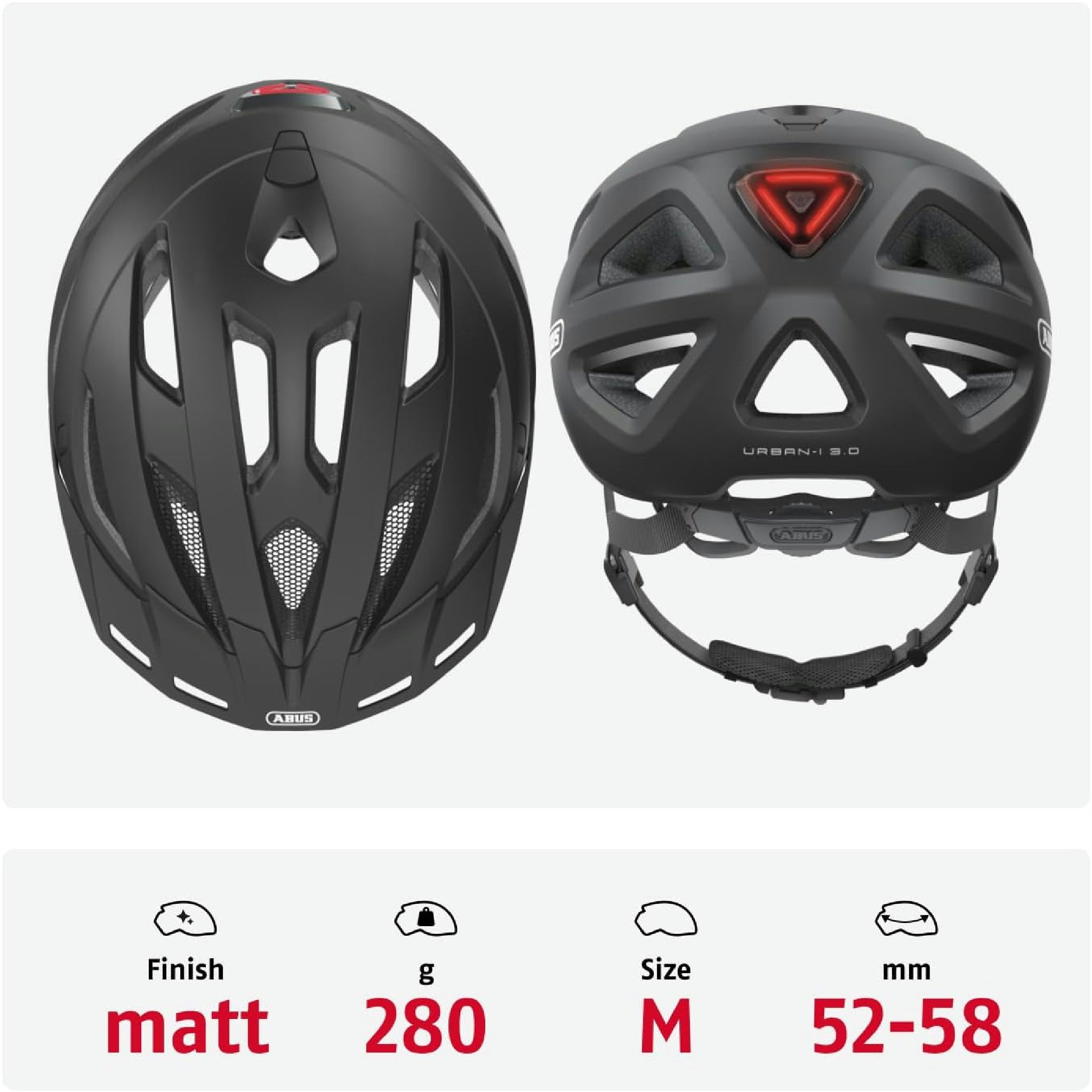 ABUS Stadthelm Urban-I 3.0 - Fahrradhelm mit Rücklicht, Schirm und Magnetverschluss - für Damen und Herren - Schwarz Matt, Größe M Hauptansicht