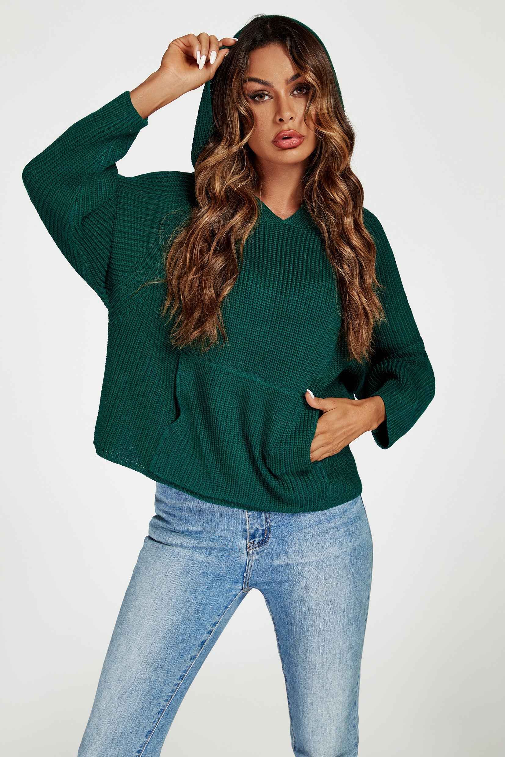 Star Pattern Knitted Hoodie in Green