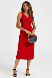 V Neck Knot Front Midi Dress In Red
