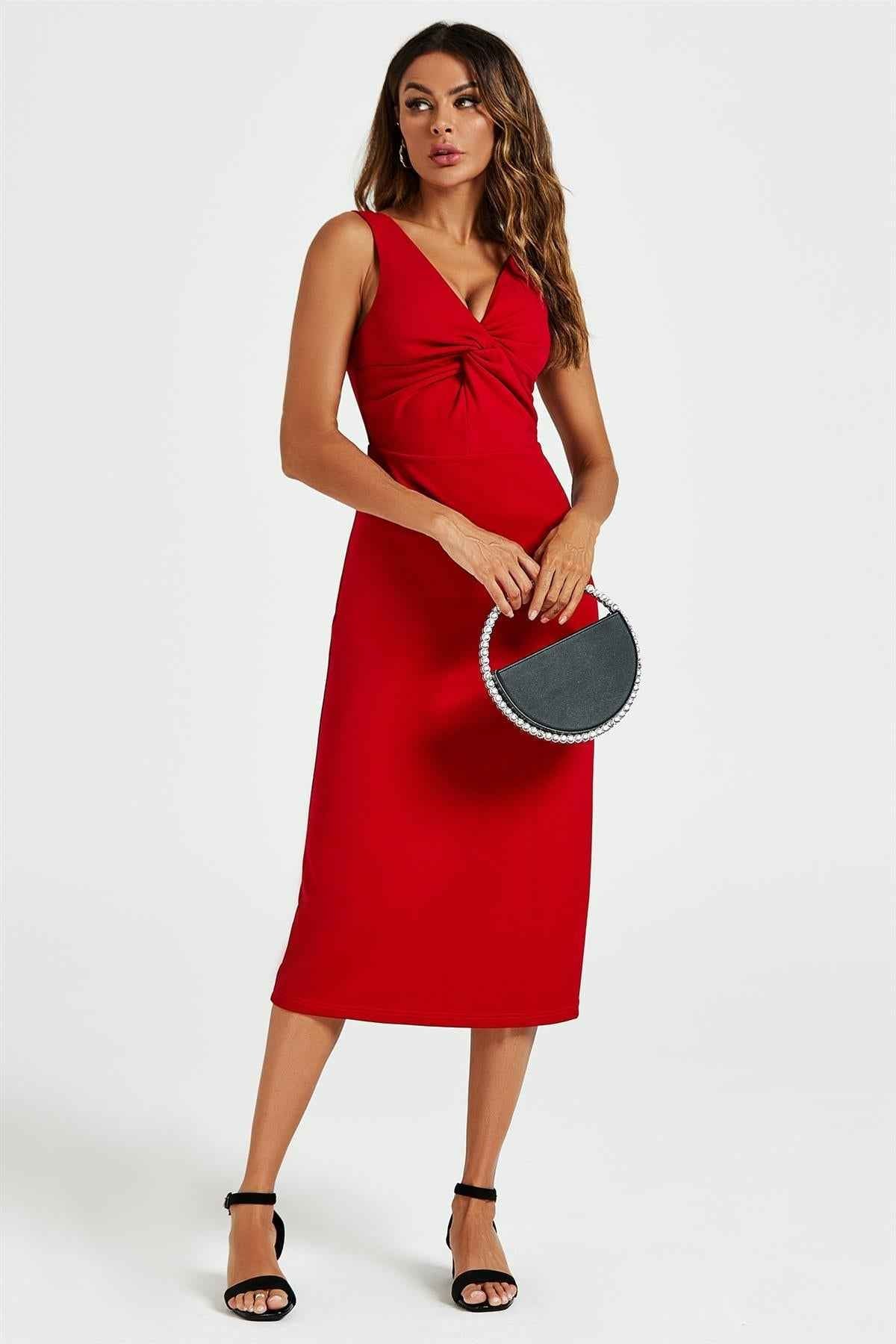 V Neck Knot Front Midi Dress In Red