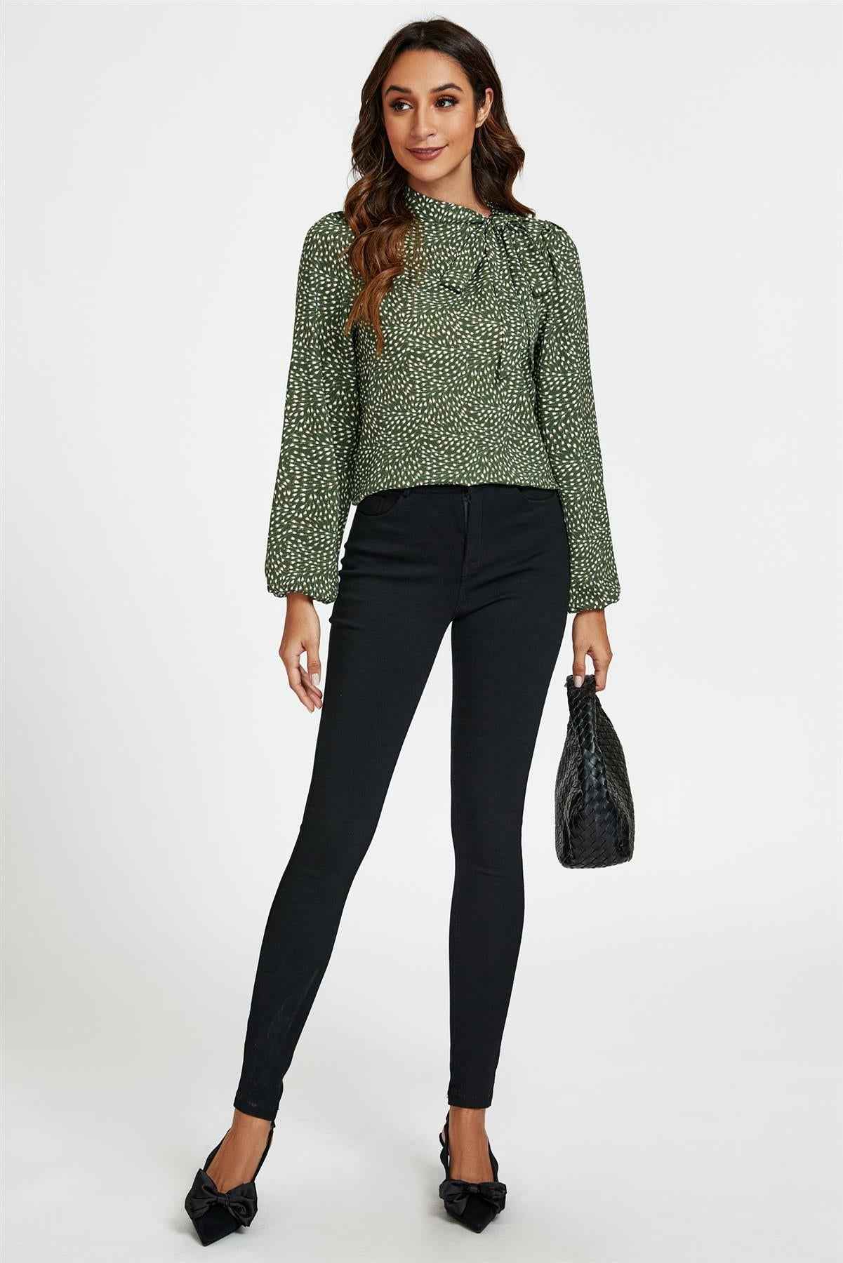 Floral Print Side Tie Blouse Top In Olive