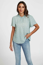 Grey Little Floral Print Angle Sleeve High Neck Top/Blouse In Blue