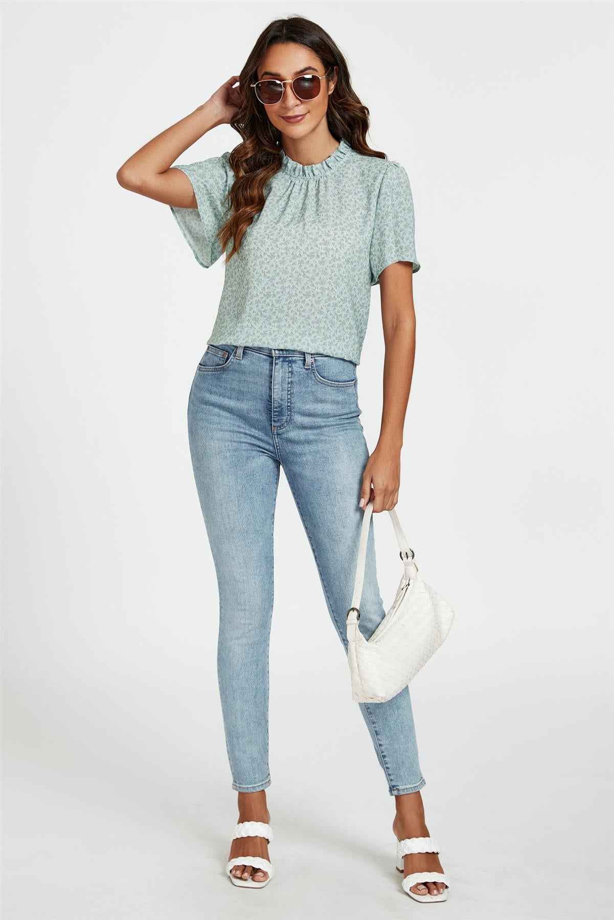 Grey Little Floral Print Angle Sleeve High Neck Top/Blouse In Blue