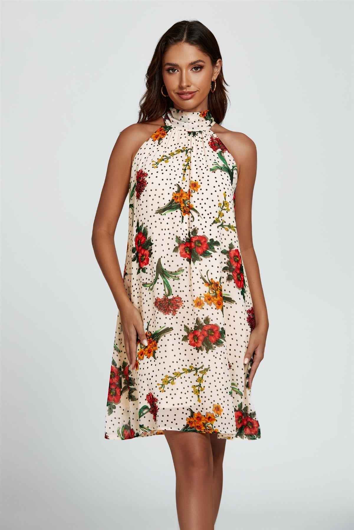 Floral Print Halter Neck Tie Back Mini Dress In Off White
