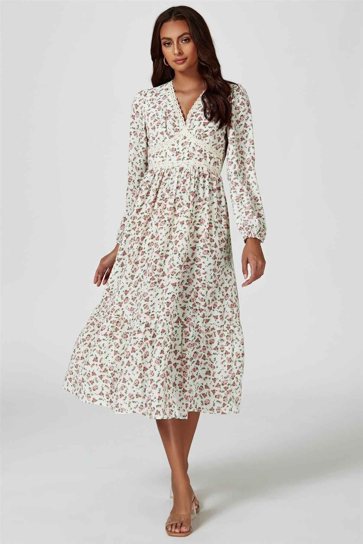 Floral Print Long Sleeve Midi Dress In White