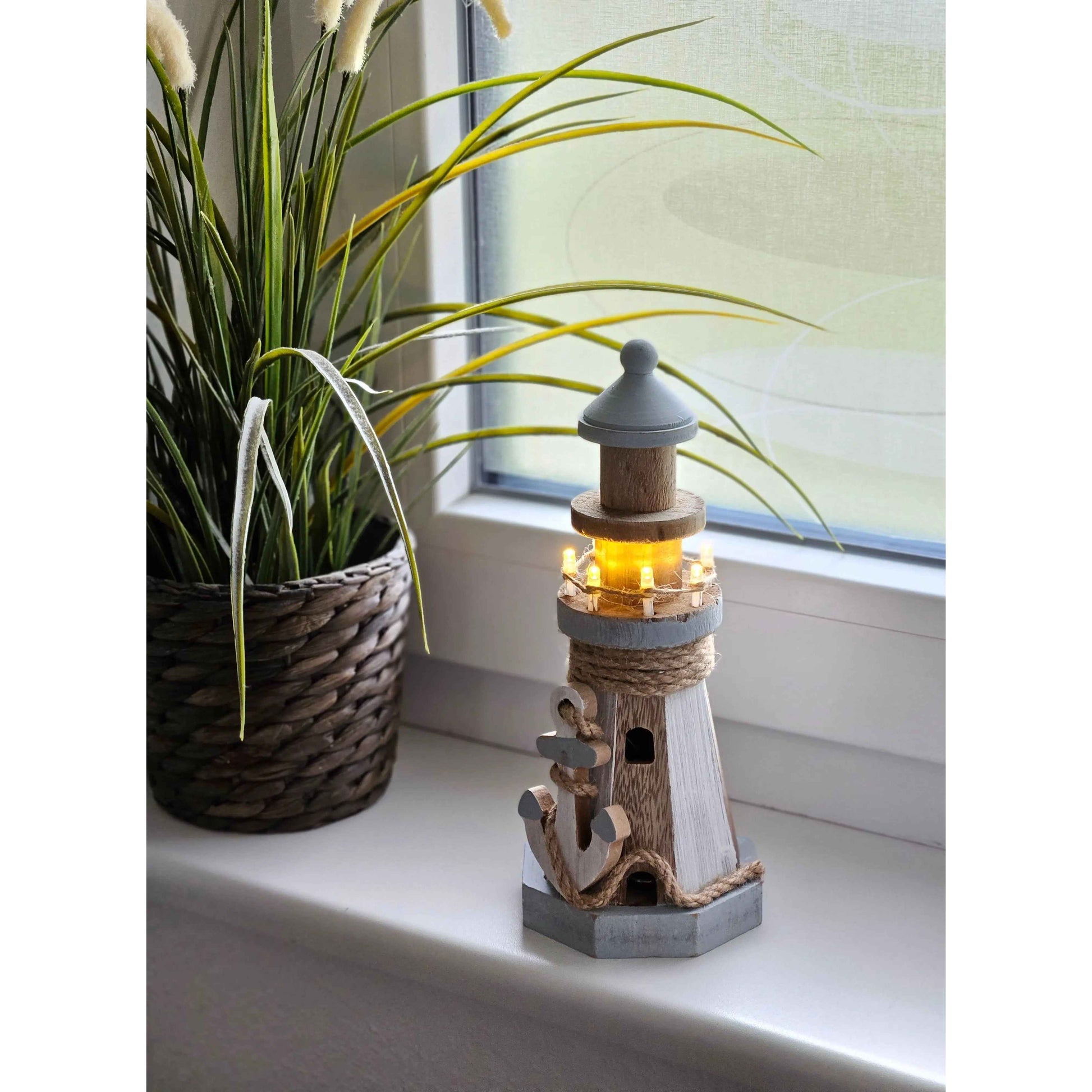 Leuchtturm beleuchtet Holz LED Deko Dekoration Maritim Anker Strand Meer H 24 cm