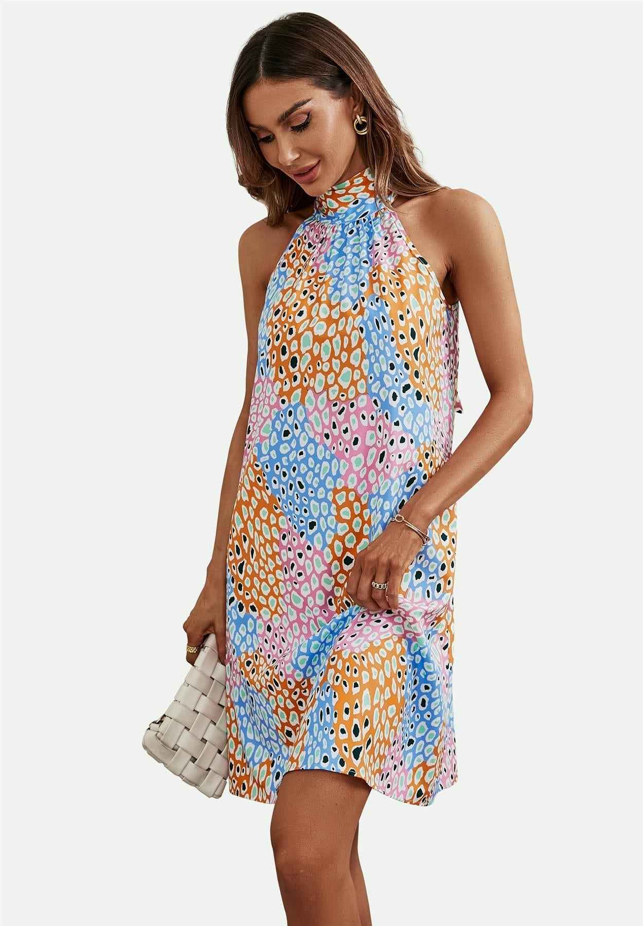 Leopard Print Halter Neck Tie Back Mini Dress In Pink & Blue & Yellow