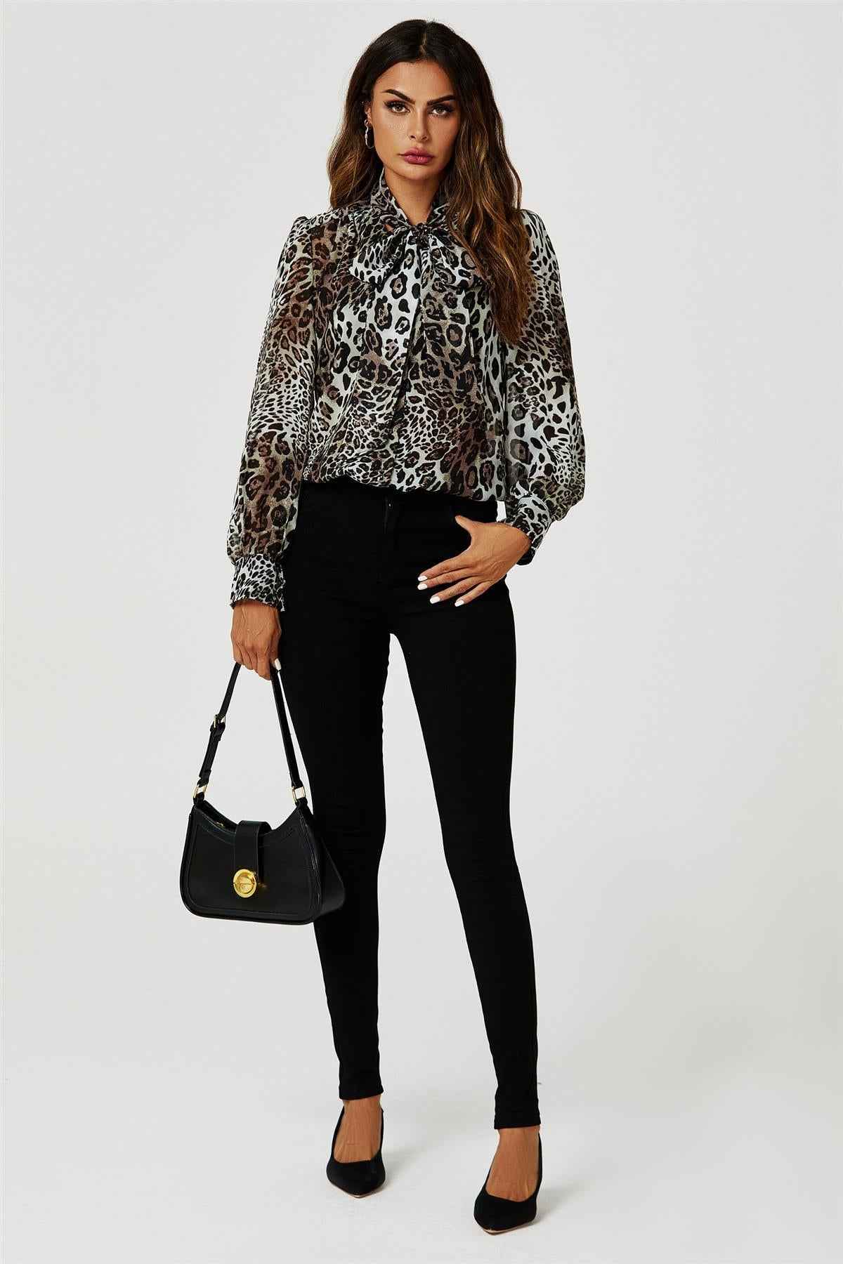 Tie Detail long sleeve Blouse Top In Beige