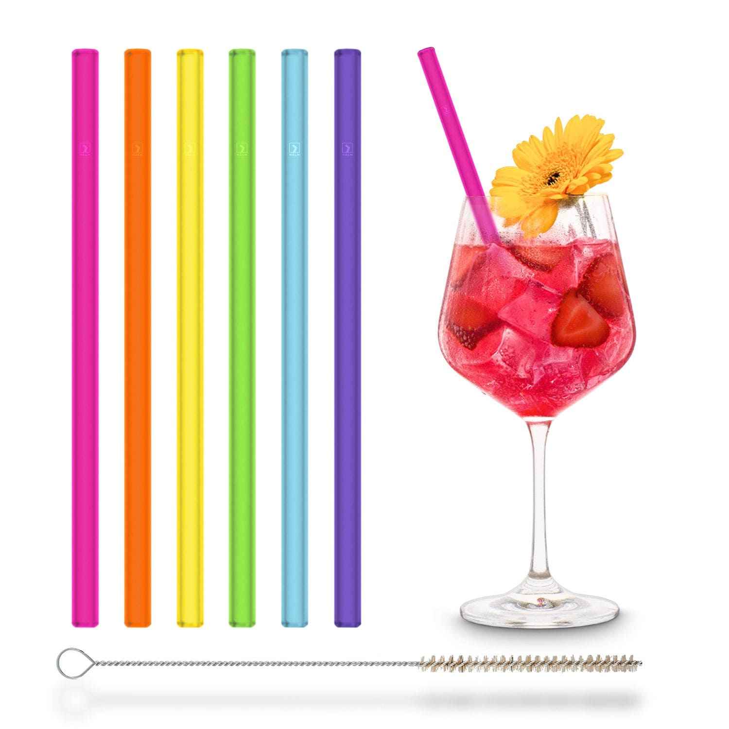 Bunte Glasstrohhalme 6x 20cm Gerade NEON Regenbogen