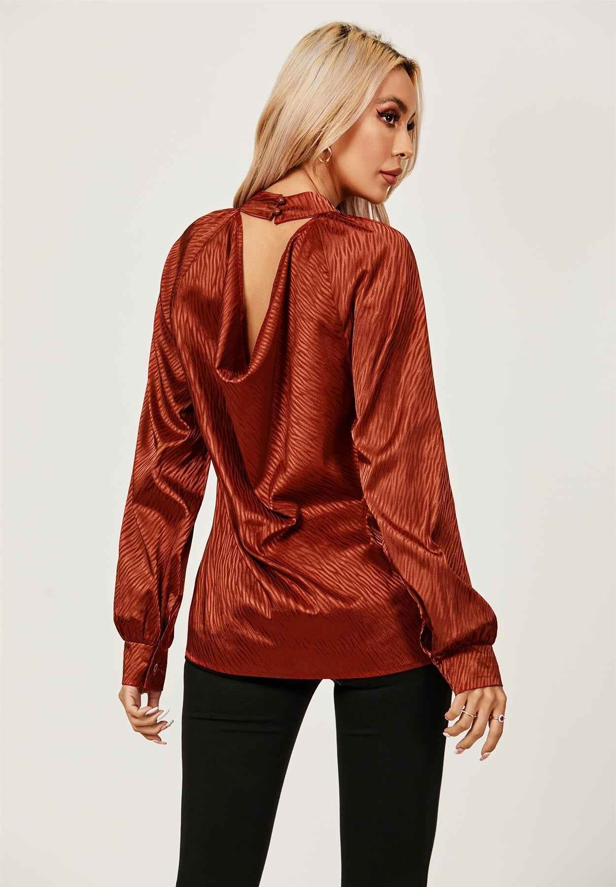 Halter Neck Satin Long Sleeve Blouse Top In Copper Red