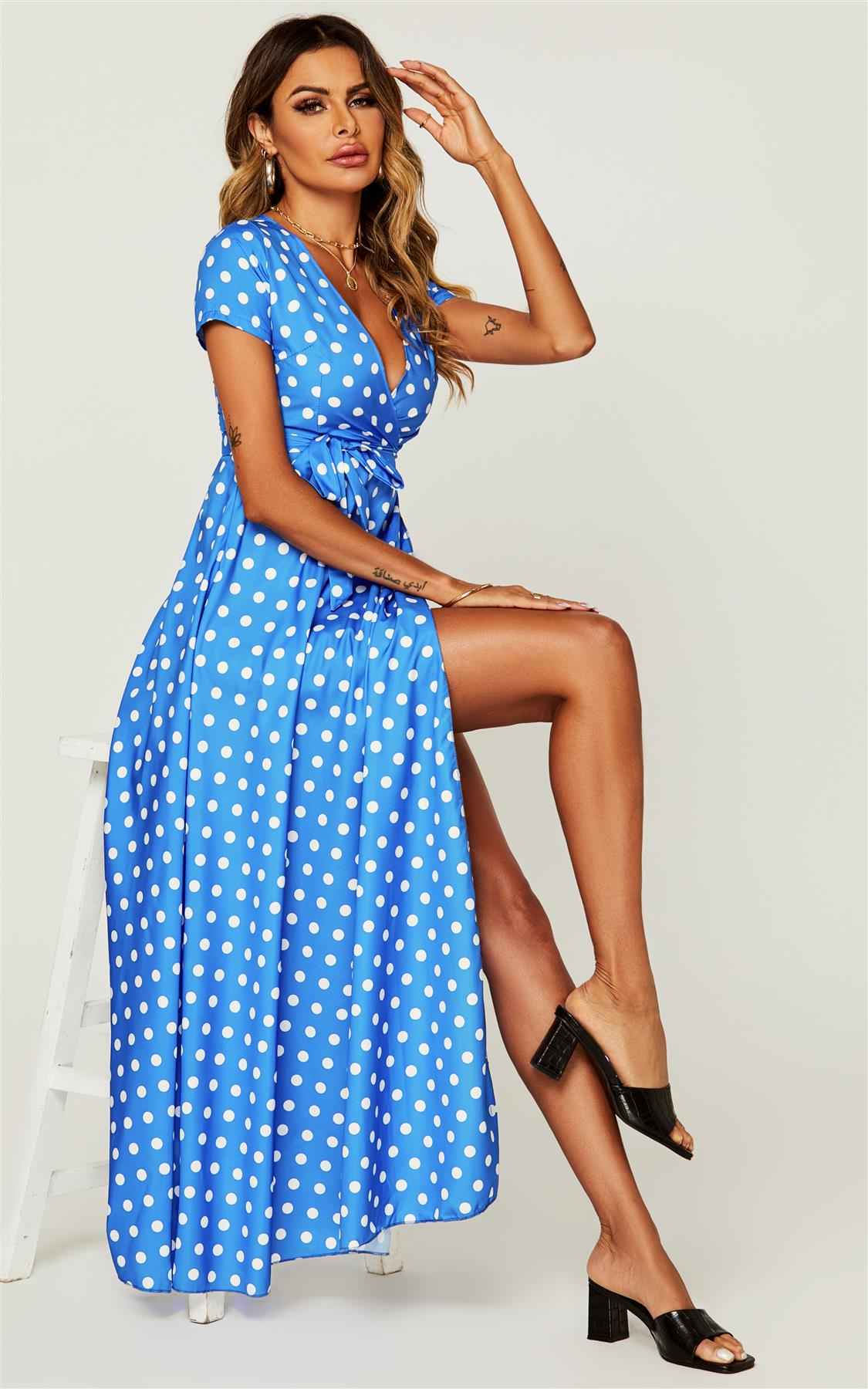 Polka Dot Print High Waist Wrap Dress In Royal Blue