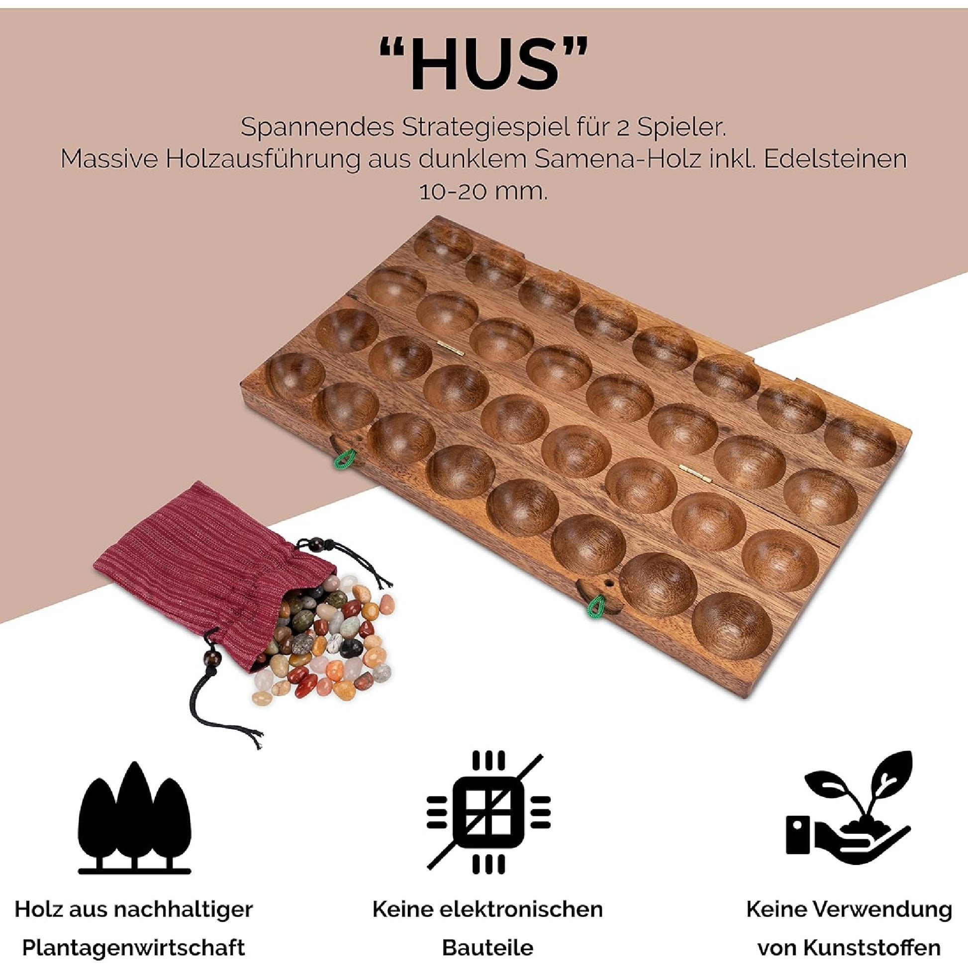 LOGOPLAY Hus - Bao - Kalaha - Mancala - Steinchenspiel - Edelsteinspiel aus Samena-Holz inkl. Edelsteinen Hauptansicht
