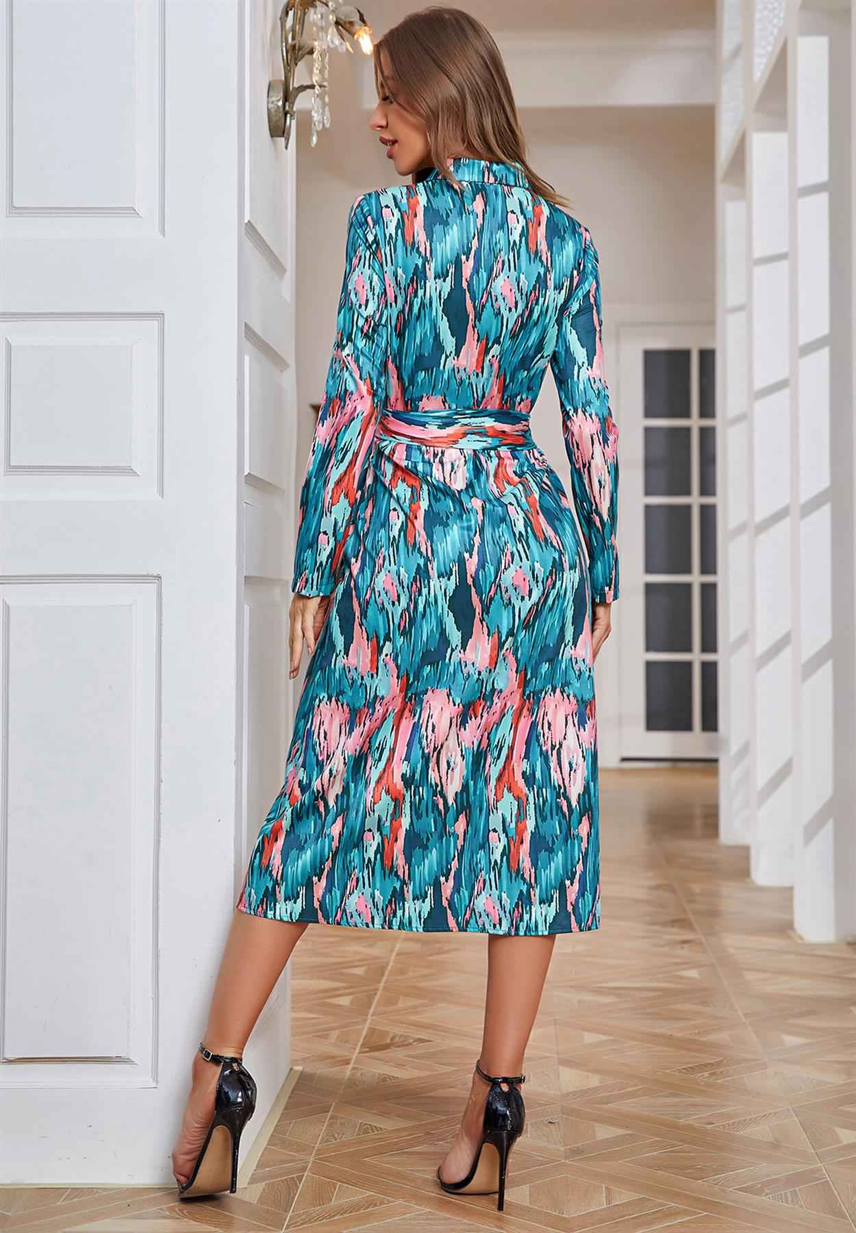 Multi Color Print Shirt Midi Wrap Dress In Green & Pink