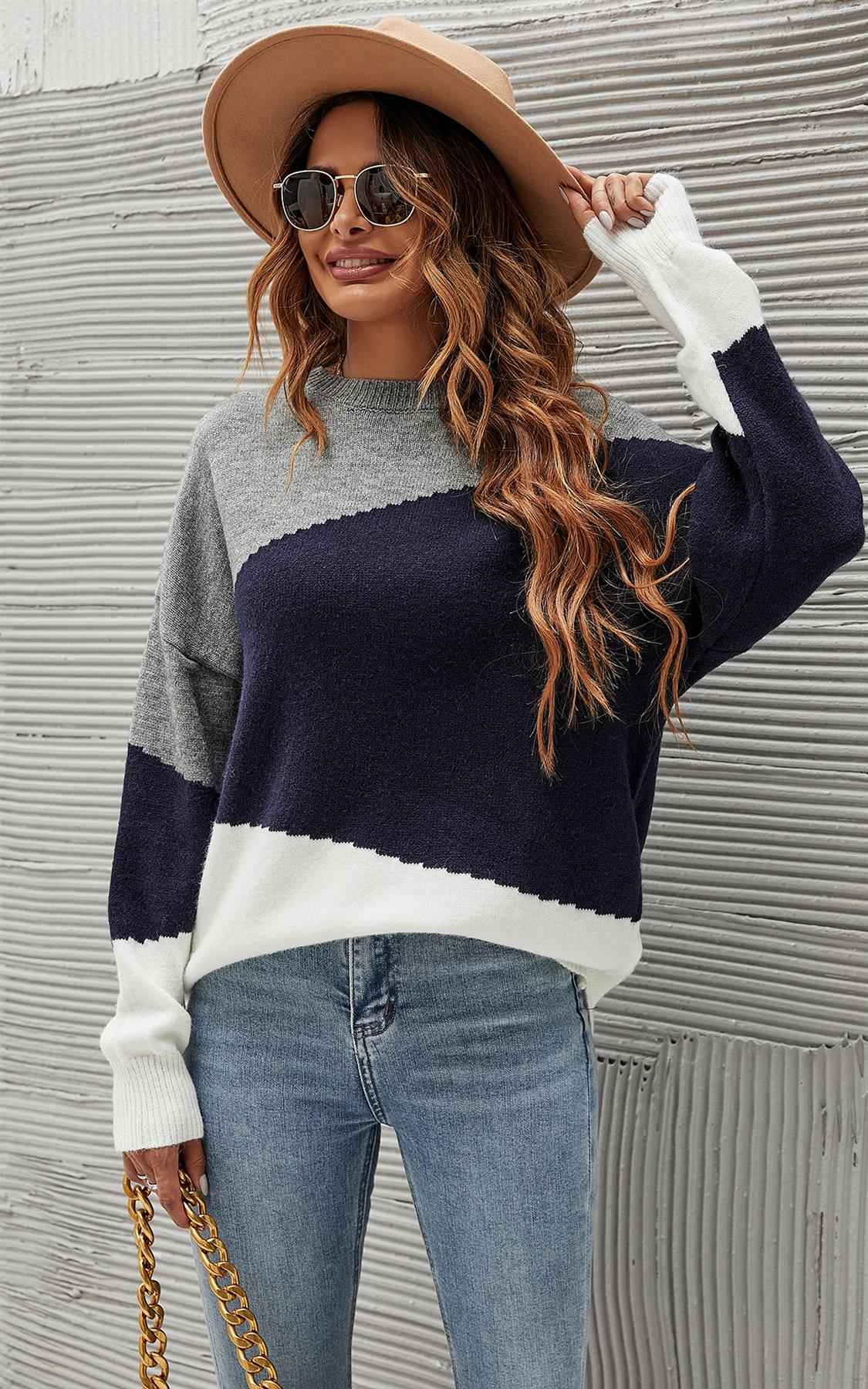 Navy & White Block Colour Jumper Top In Grey