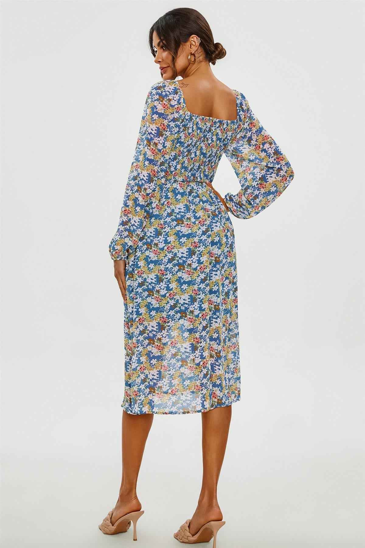 Floral Print Long Sleeve Maxi Dress In Blue