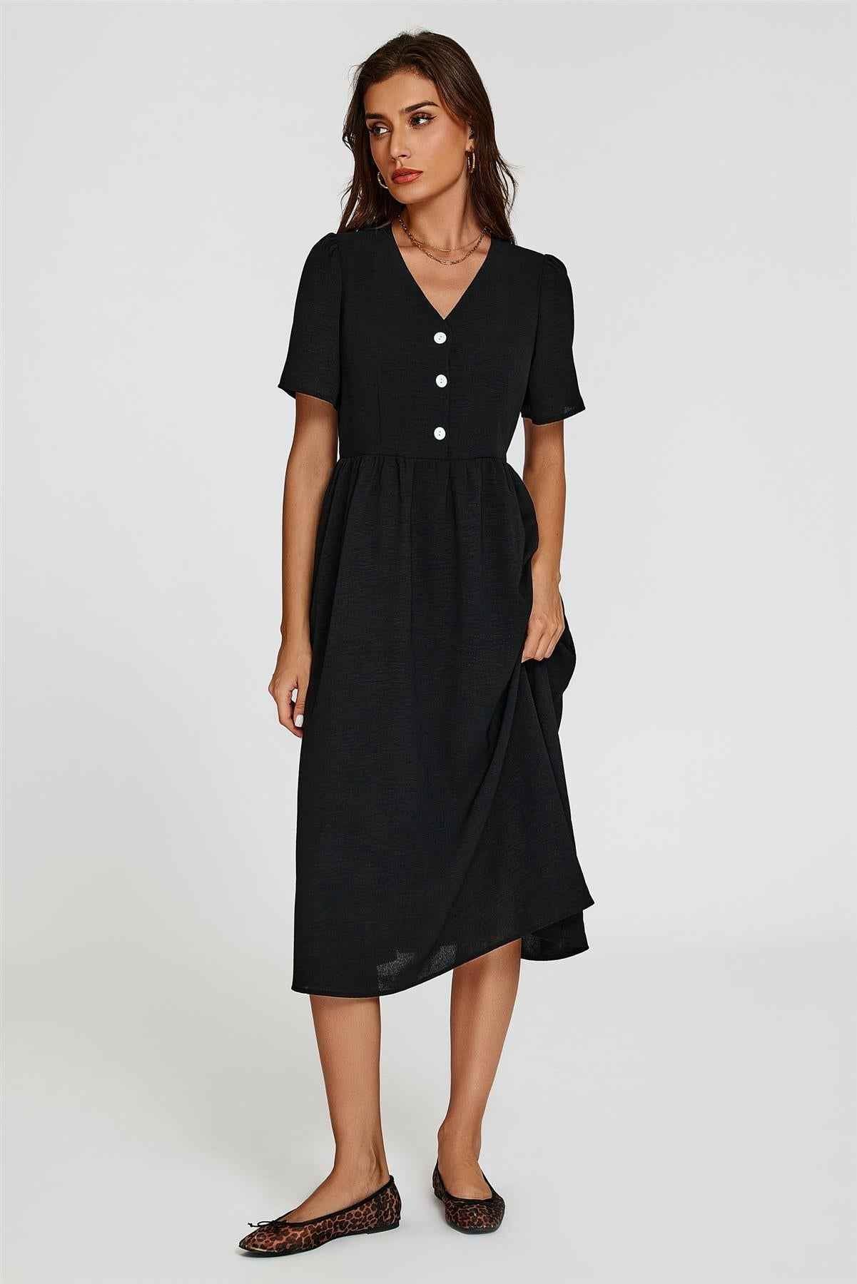 Button Front Midi Dress In Black