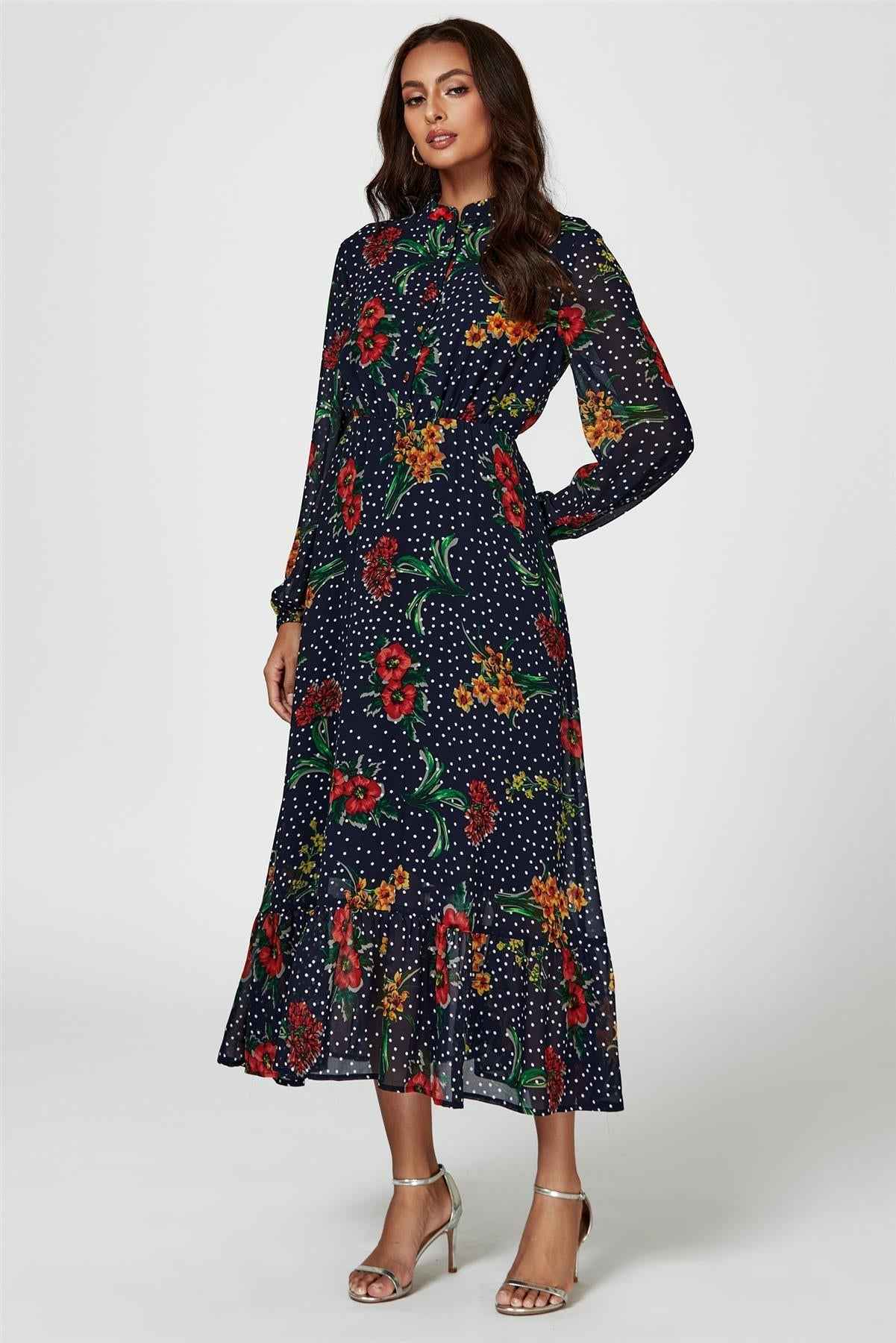 Floral Dot Print Maxi Dress In Navy