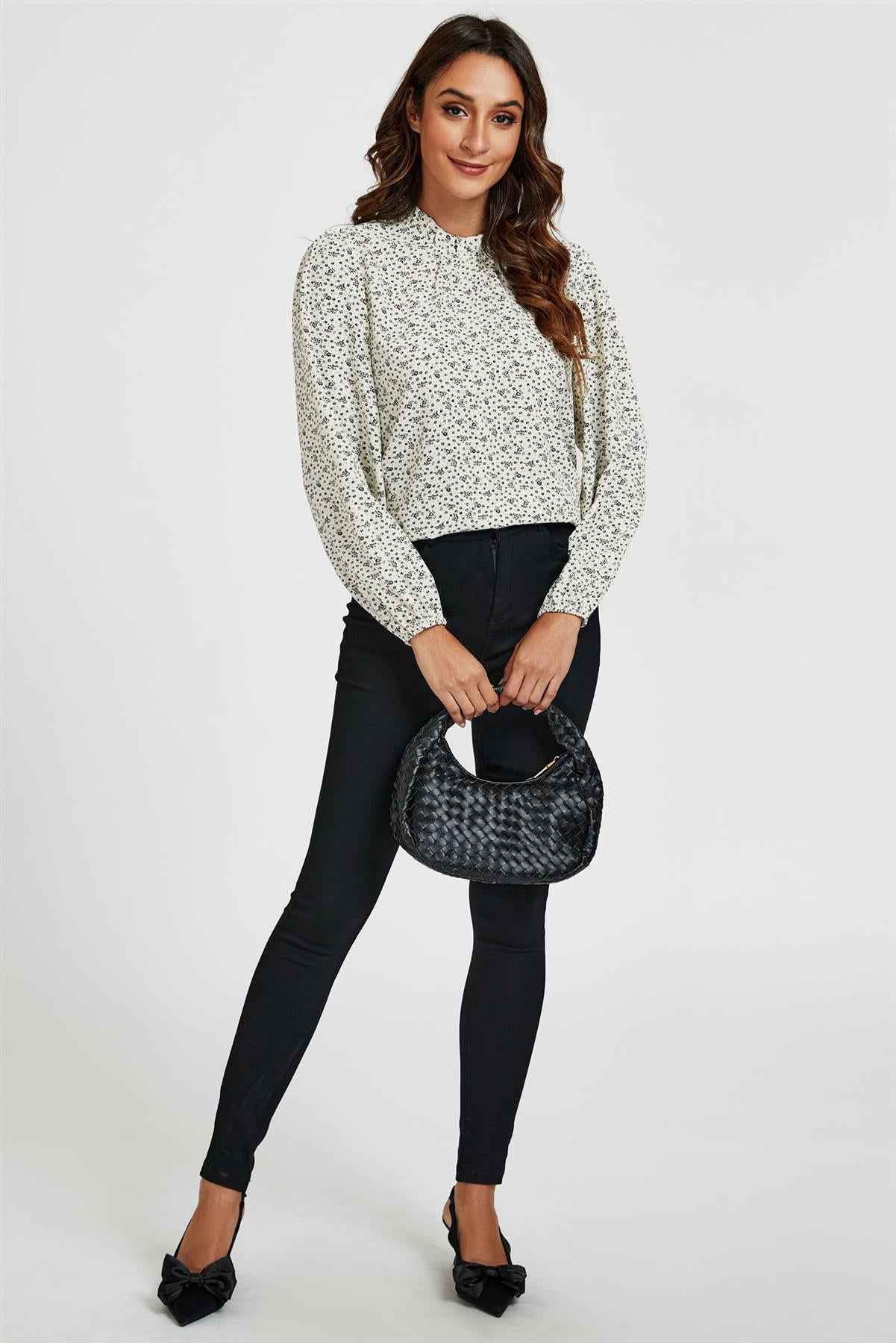 Little Floral Print Frill Detail High Neck Top In White