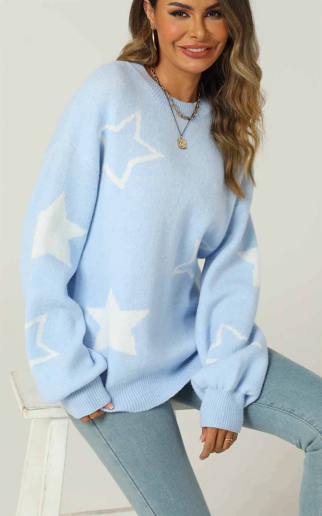 Relaxed Soft Comfy White Star Pattern Jumper Top In Blue