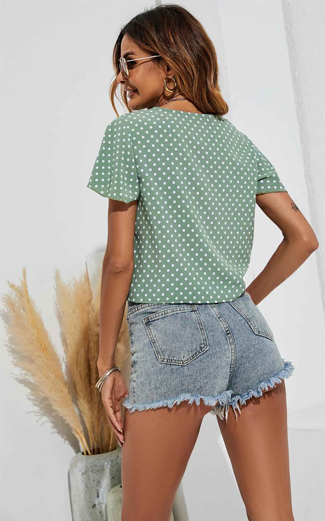 Cute Tie Knot Front Buttoned Crop T Shirt Top In Green & White Dot Print